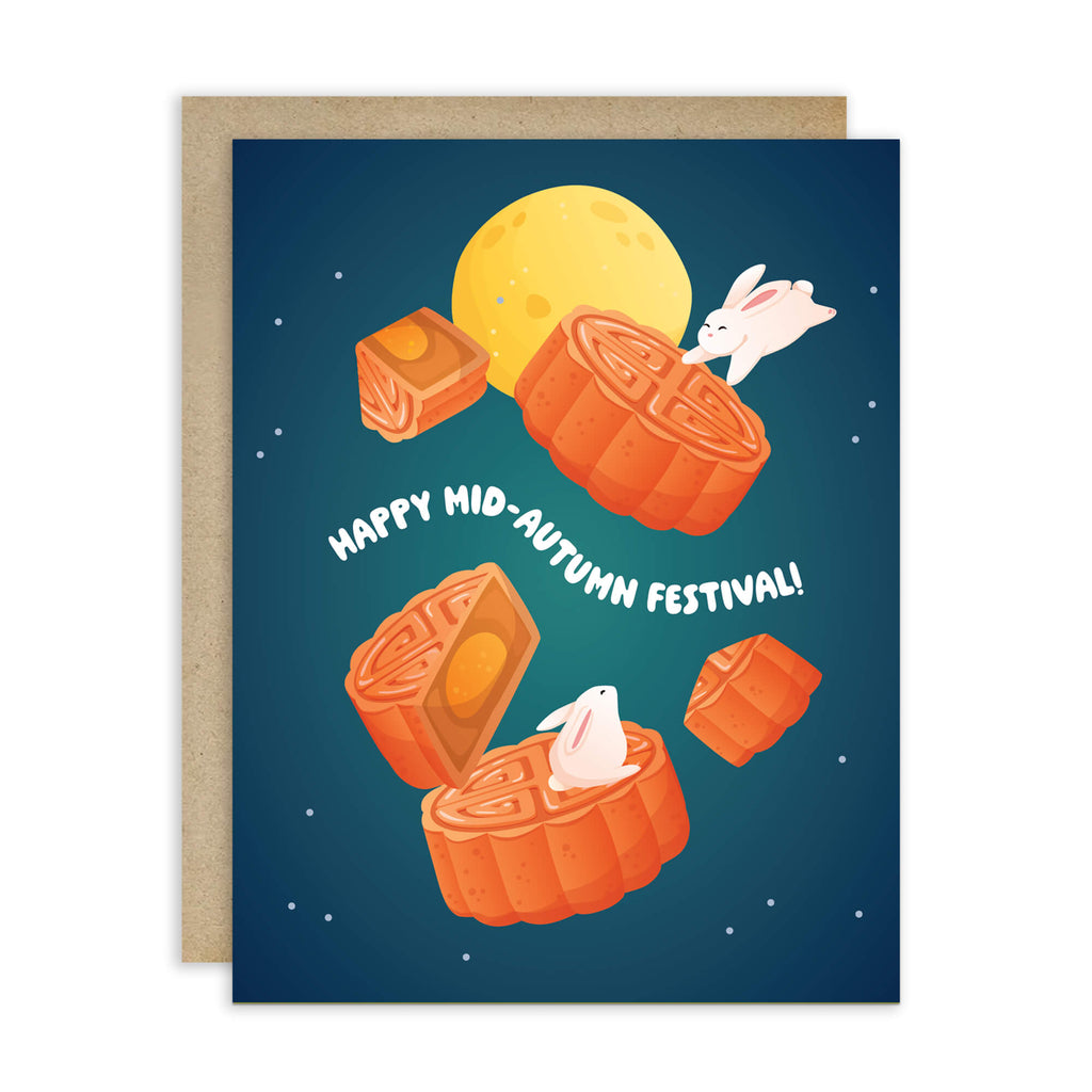 cute chinese Greeting card with floating mooncakes and space rabbits, featuring 'Happy Mid-Autumn Festival!' text on a blue background.