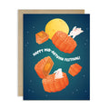 cute chinese Greeting card with floating mooncakes and space rabbits, featuring 'Happy Mid-Autumn Festival!' text on a blue background.
