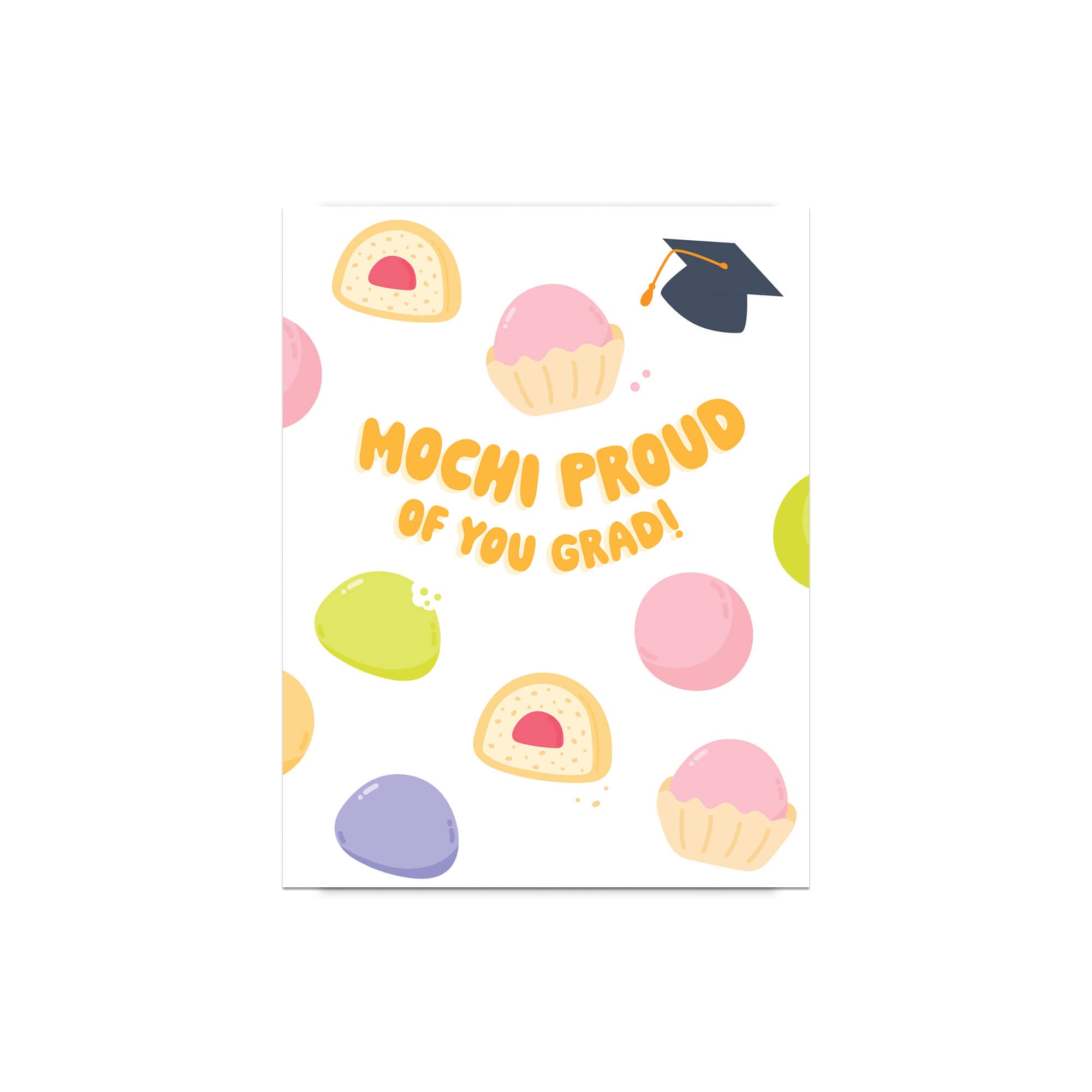 Graduation card with japanese mochi illustrations and text 'Mochi Proud of You Grad!' on a white background.