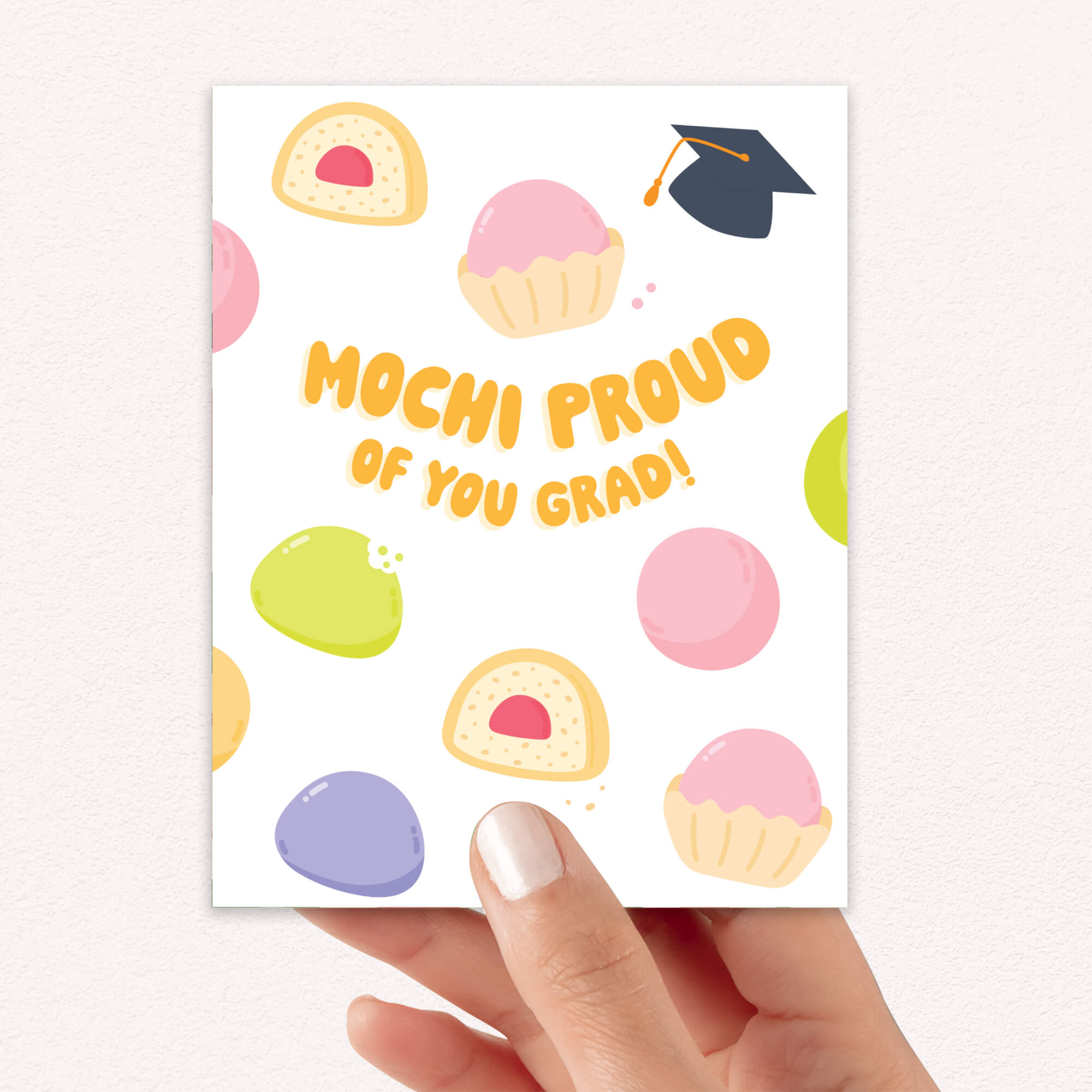 Graduation card with japanese mochi illustrations and text 'Mochi Proud of You Grad!' on a white background.