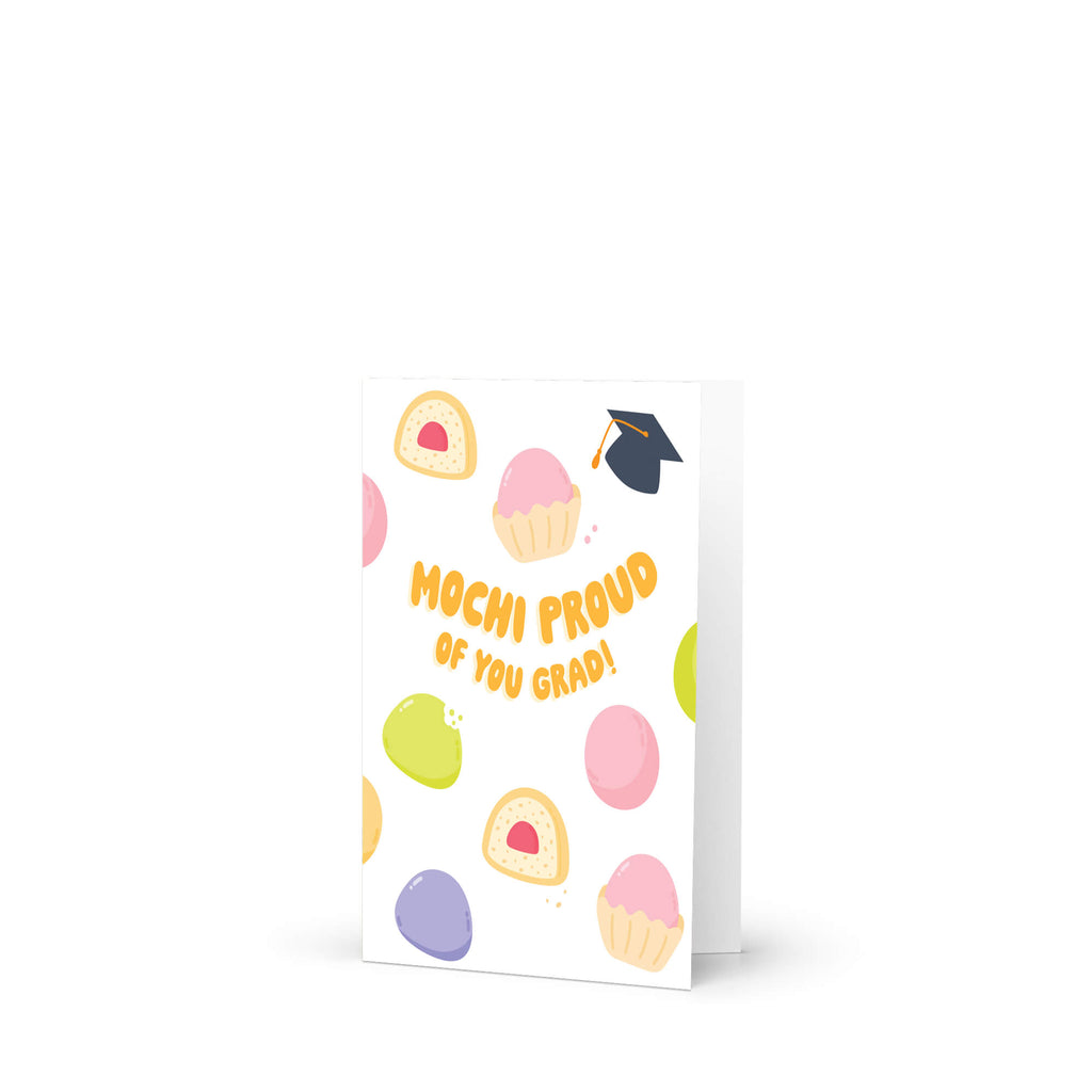 Graduation card with japanese mochi illustrations and text 'Mochi Proud of You Grad!' on a white background.