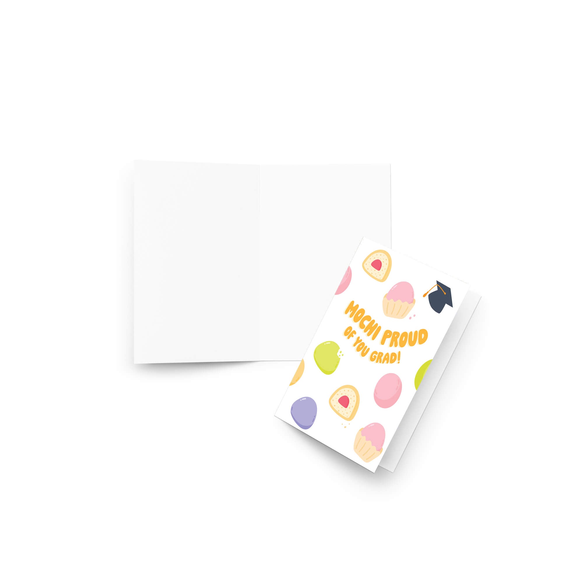 Graduation card with japanese mochi illustrations and text 'Mochi Proud of You Grad!' on a white background.