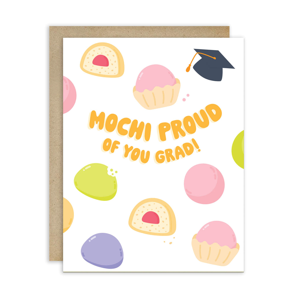 Graduation card with japanese mochi illustrations and text 'Mochi Proud of You Grad!' on a white background.