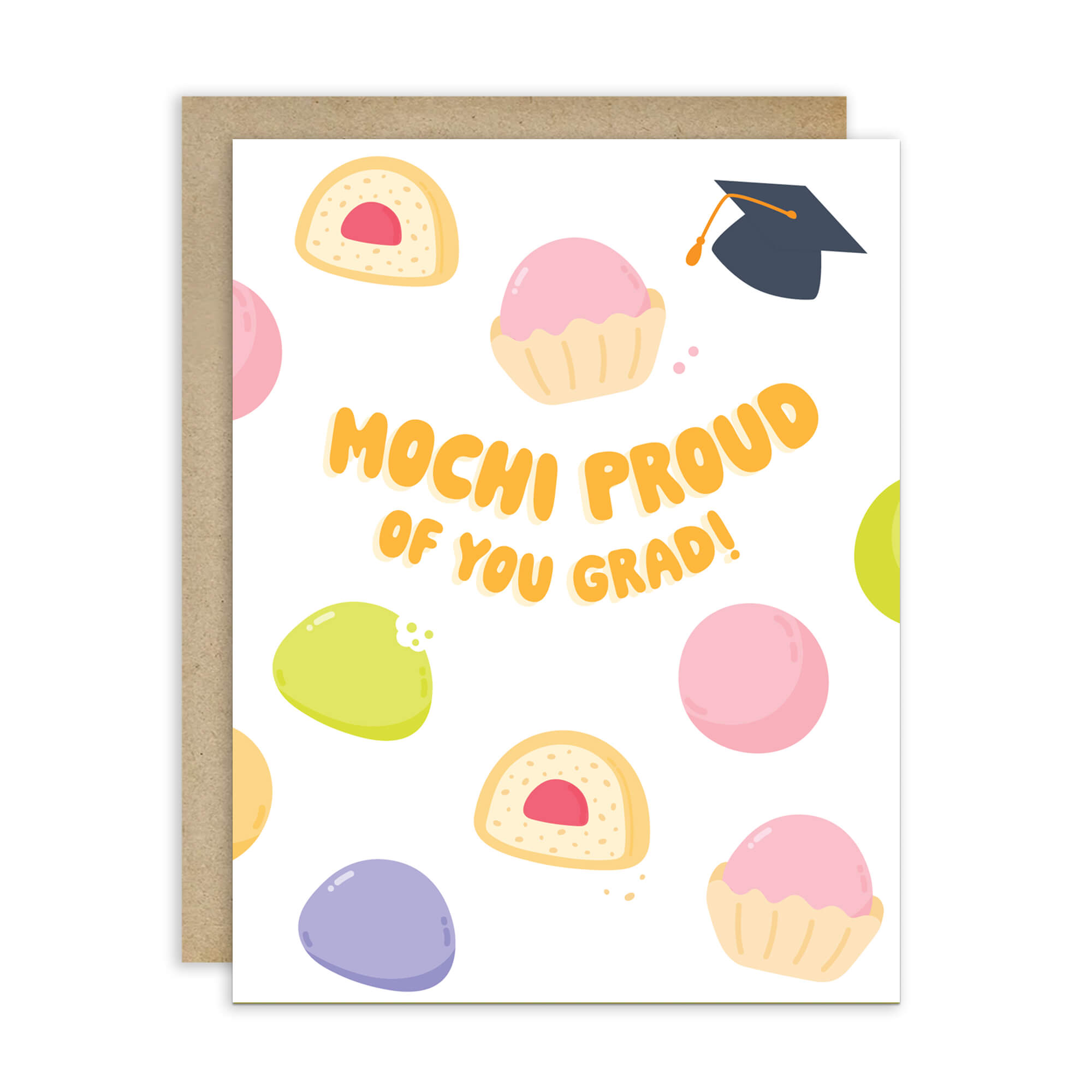 Graduation card with japanese mochi illustrations and text 'Mochi Proud of You Grad!' on a white background.