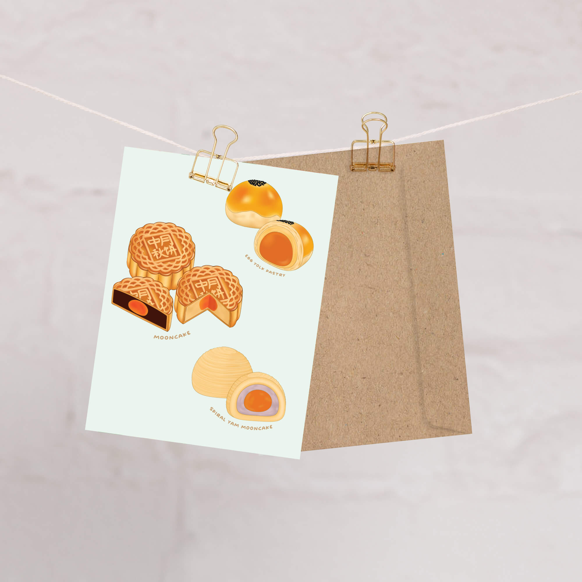 asian greeting Card with illustrations of chinese pastries like mooncakes and egg yolk pastries on a light blue background