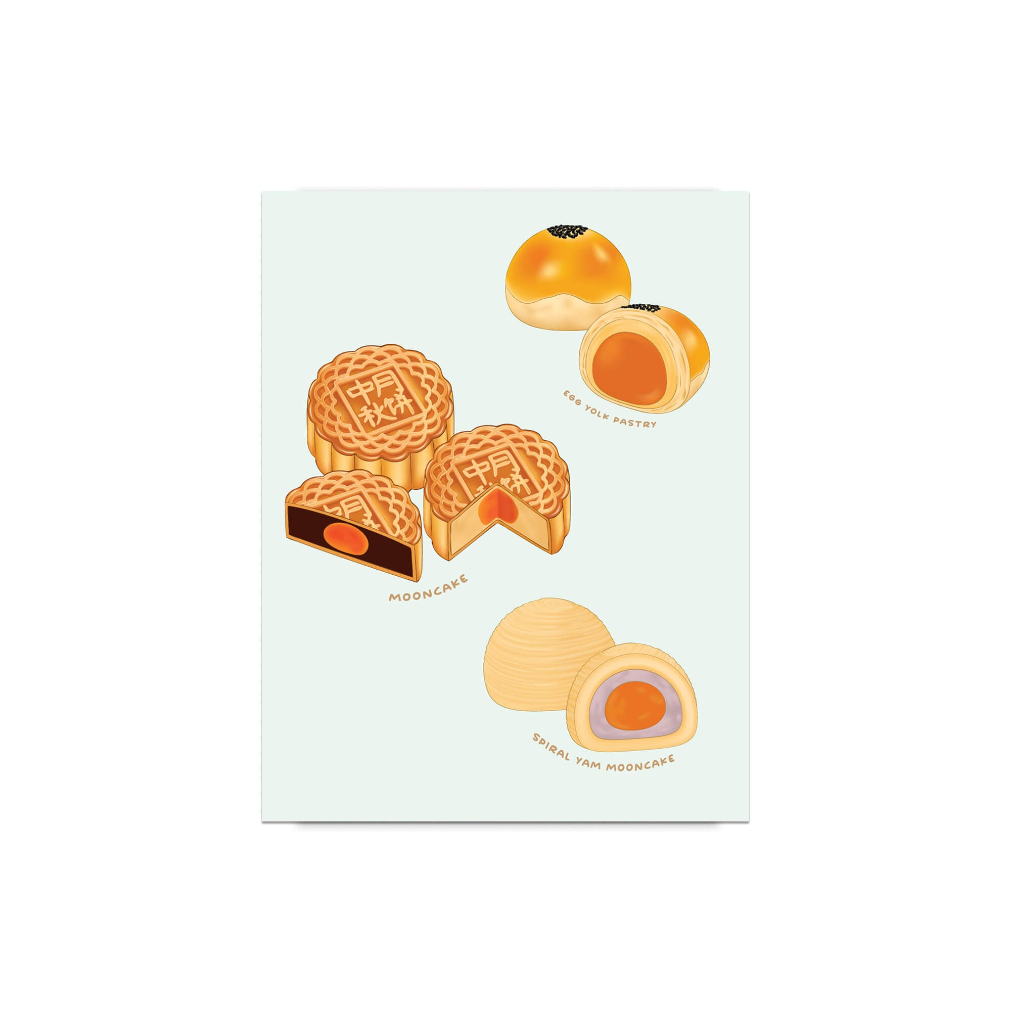 asian greeting Card with illustrations of chinese pastries like mooncakes and egg yolk pastries on a light blue background