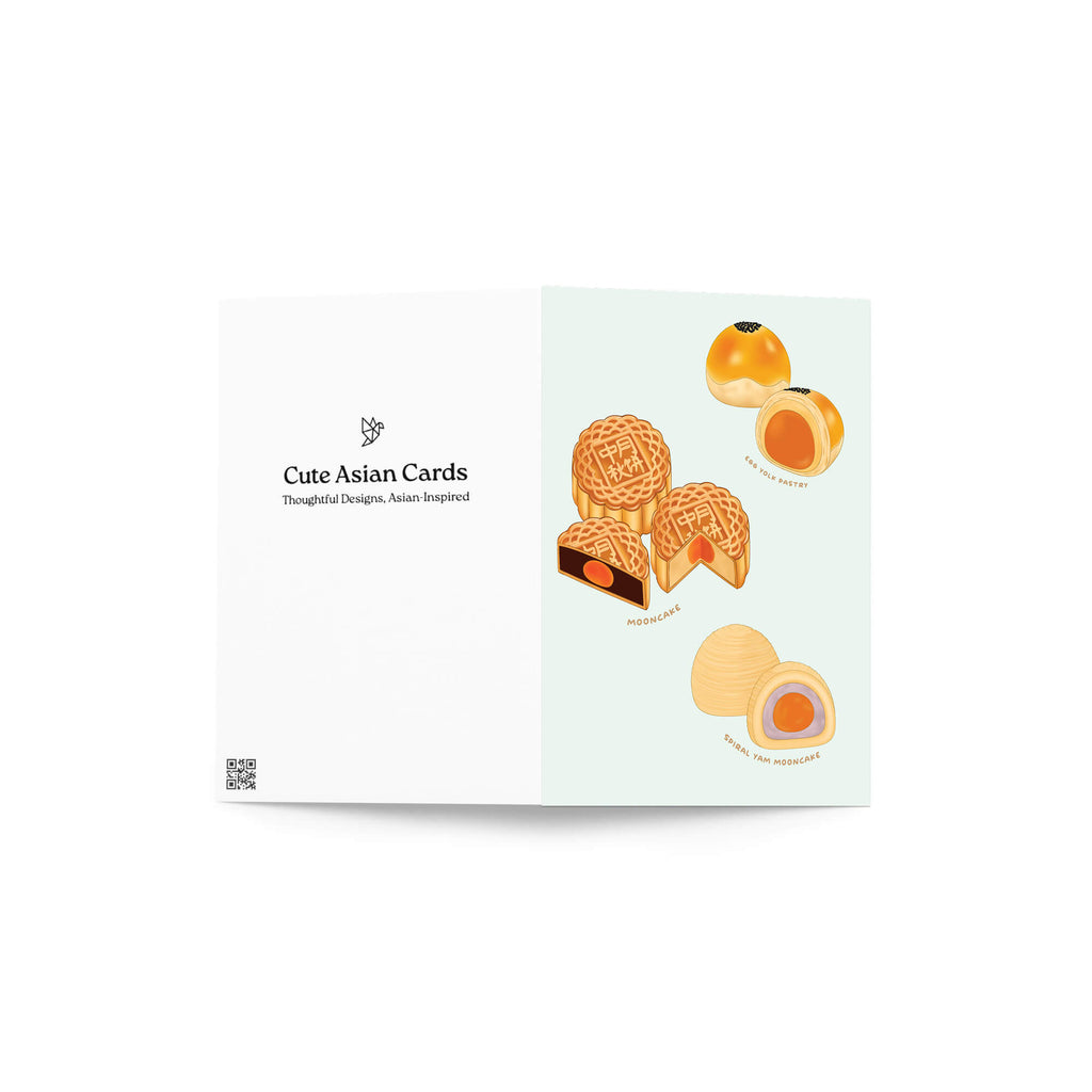 asian greeting Card with illustrations of chinese pastries like mooncakes and egg yolk pastries on a light blue background