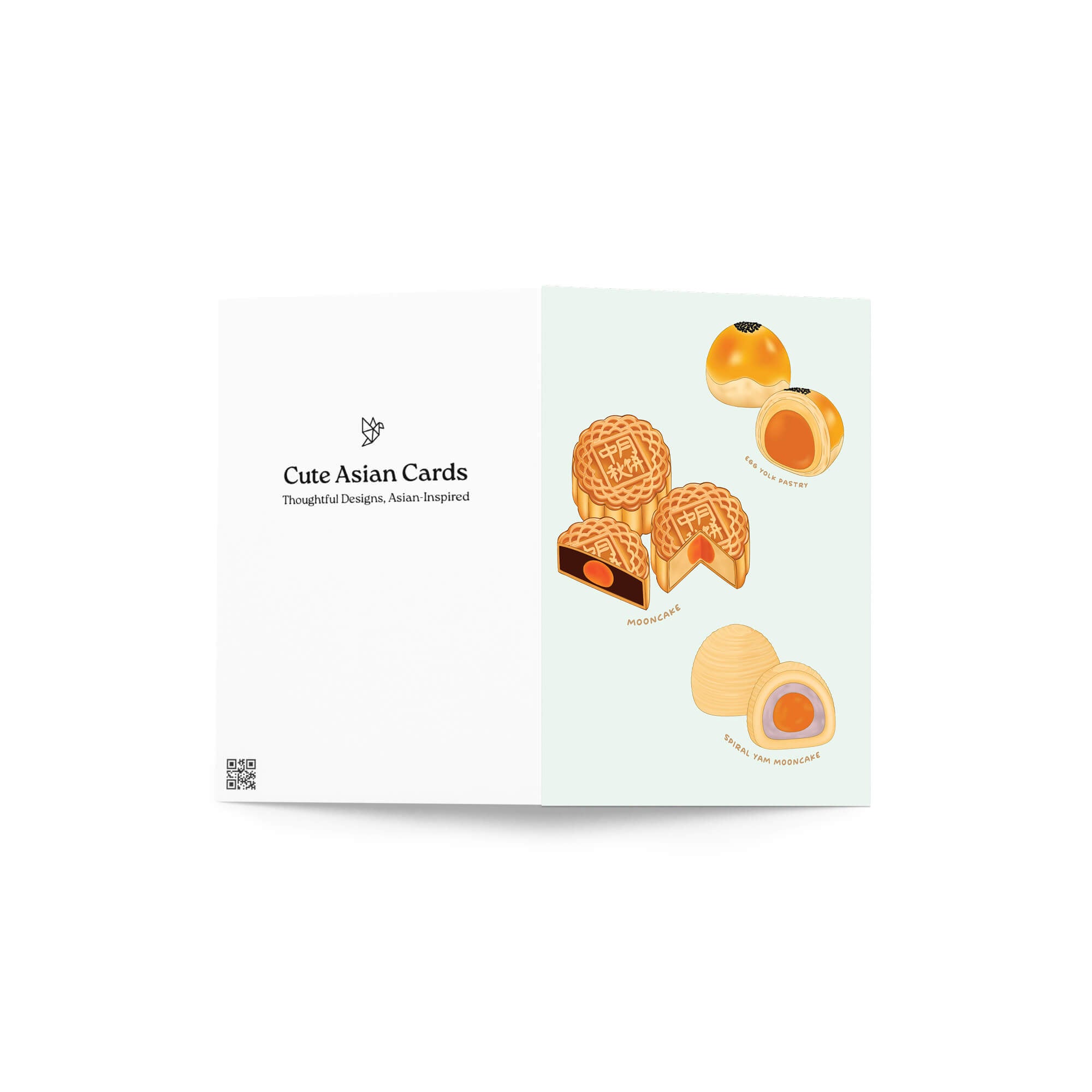 asian greeting Card with illustrations of chinese pastries like mooncakes and egg yolk pastries on a light blue background