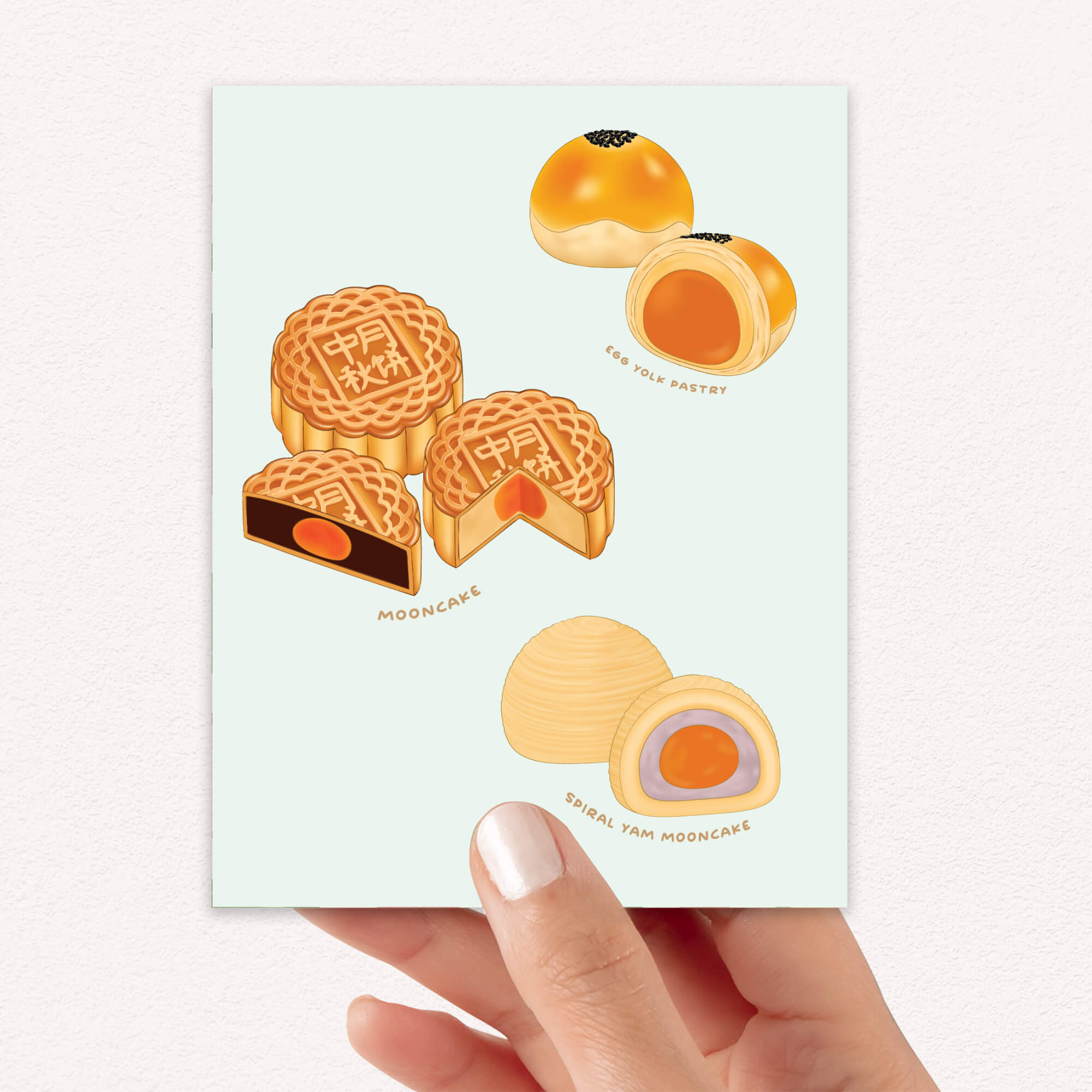 asian greeting Card with illustrations of chinese pastries like mooncakes and egg yolk pastries on a light blue background