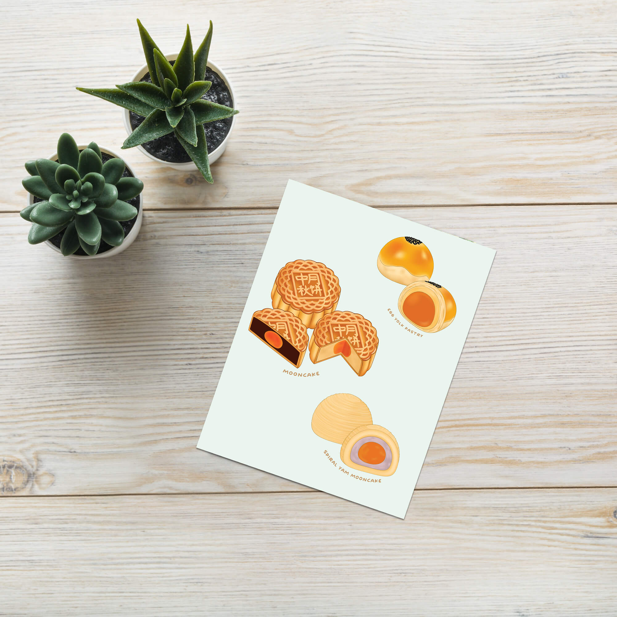 asian greeting Card with illustrations of chinese pastries like mooncakes and egg yolk pastries on a light blue background