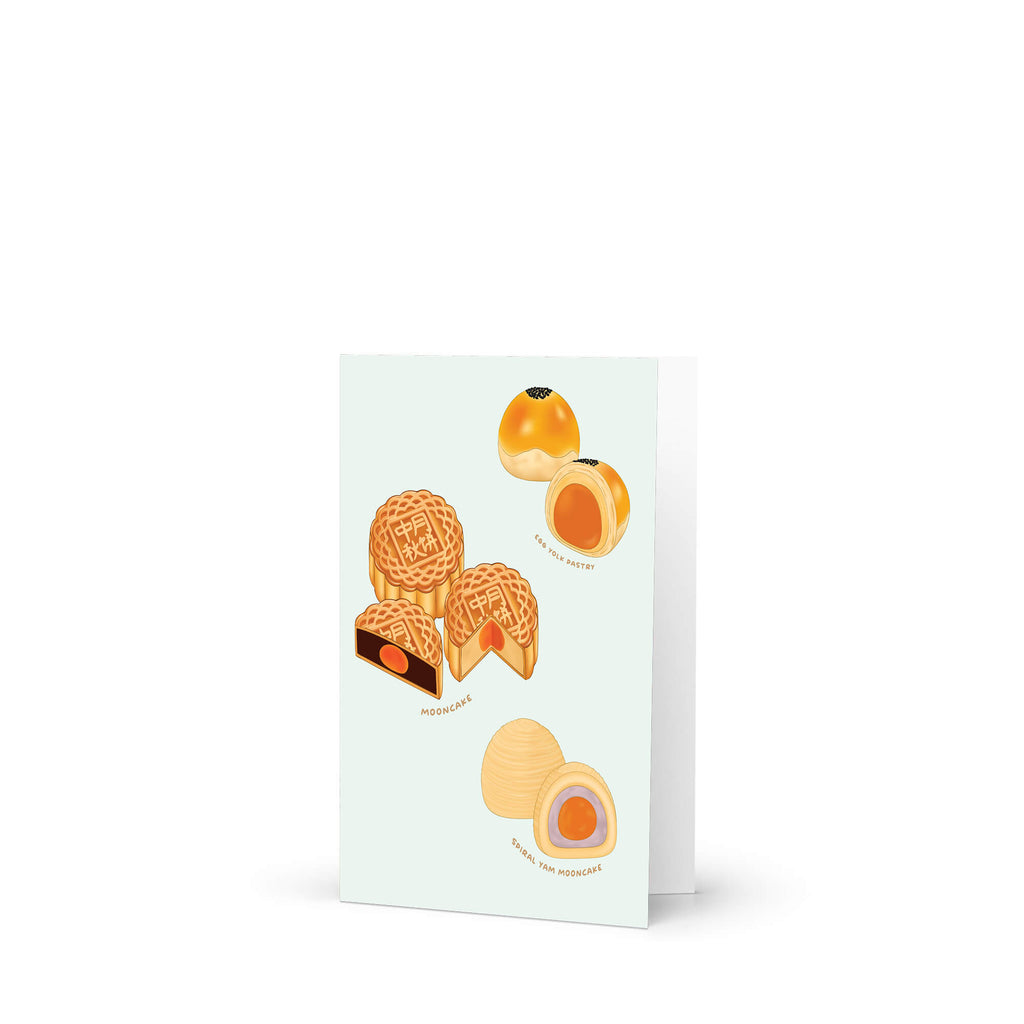 asian greeting Card with illustrations of chinese pastries like mooncakes and egg yolk pastries on a light blue background