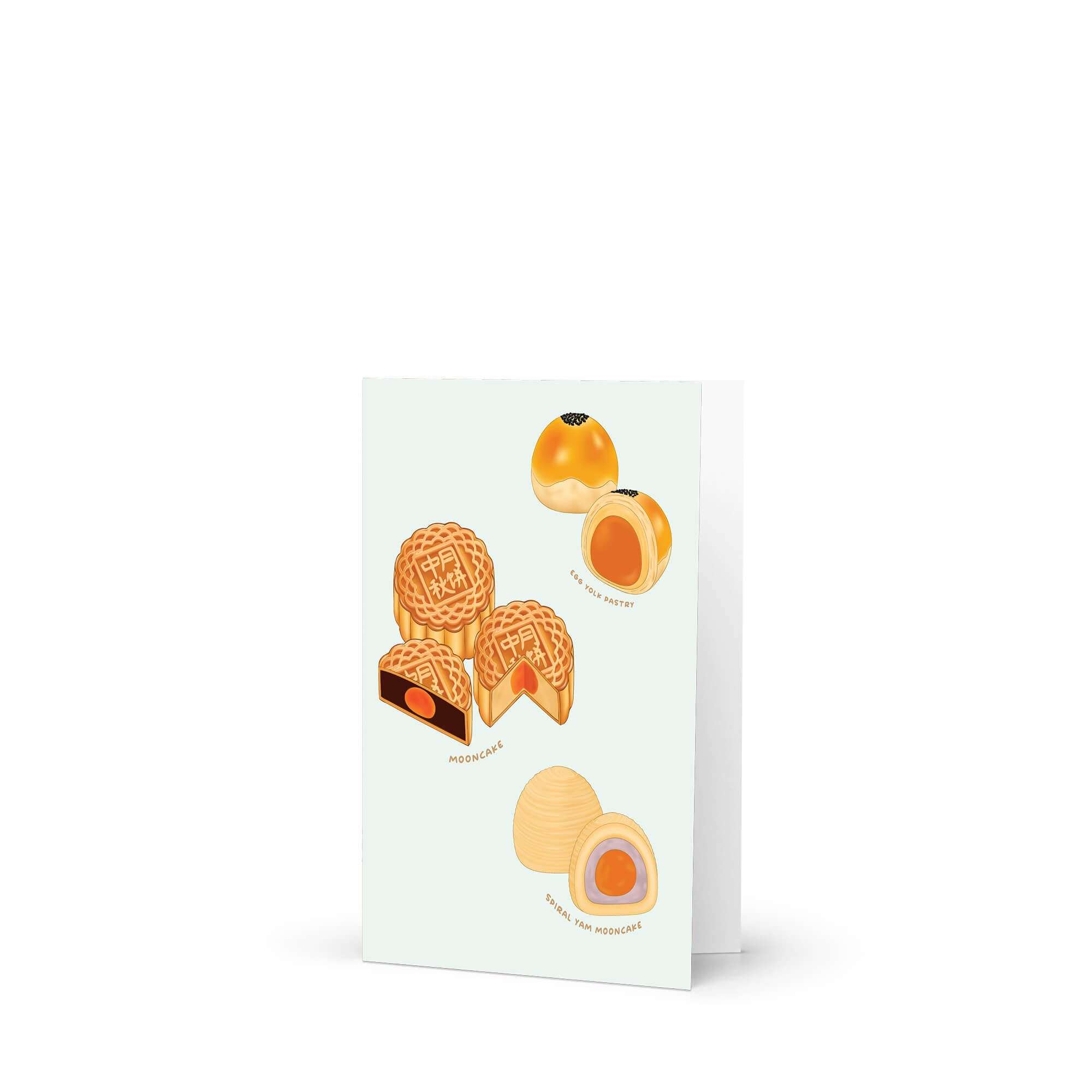 asian greeting Card with illustrations of chinese pastries like mooncakes and egg yolk pastries on a light blue background