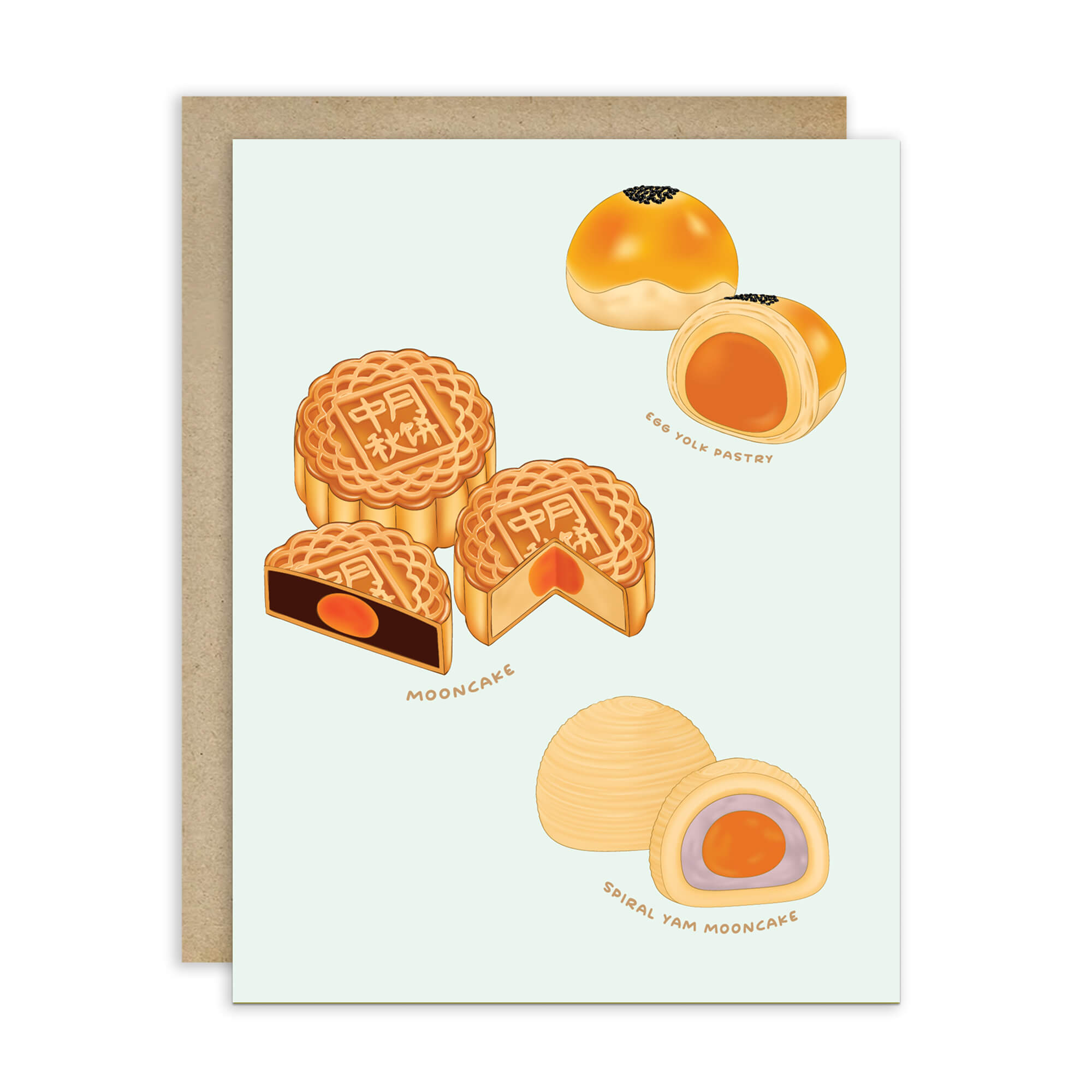 asian greeting Card with illustrations of chinese pastries like mooncakes and egg yolk pastries on a light blue background