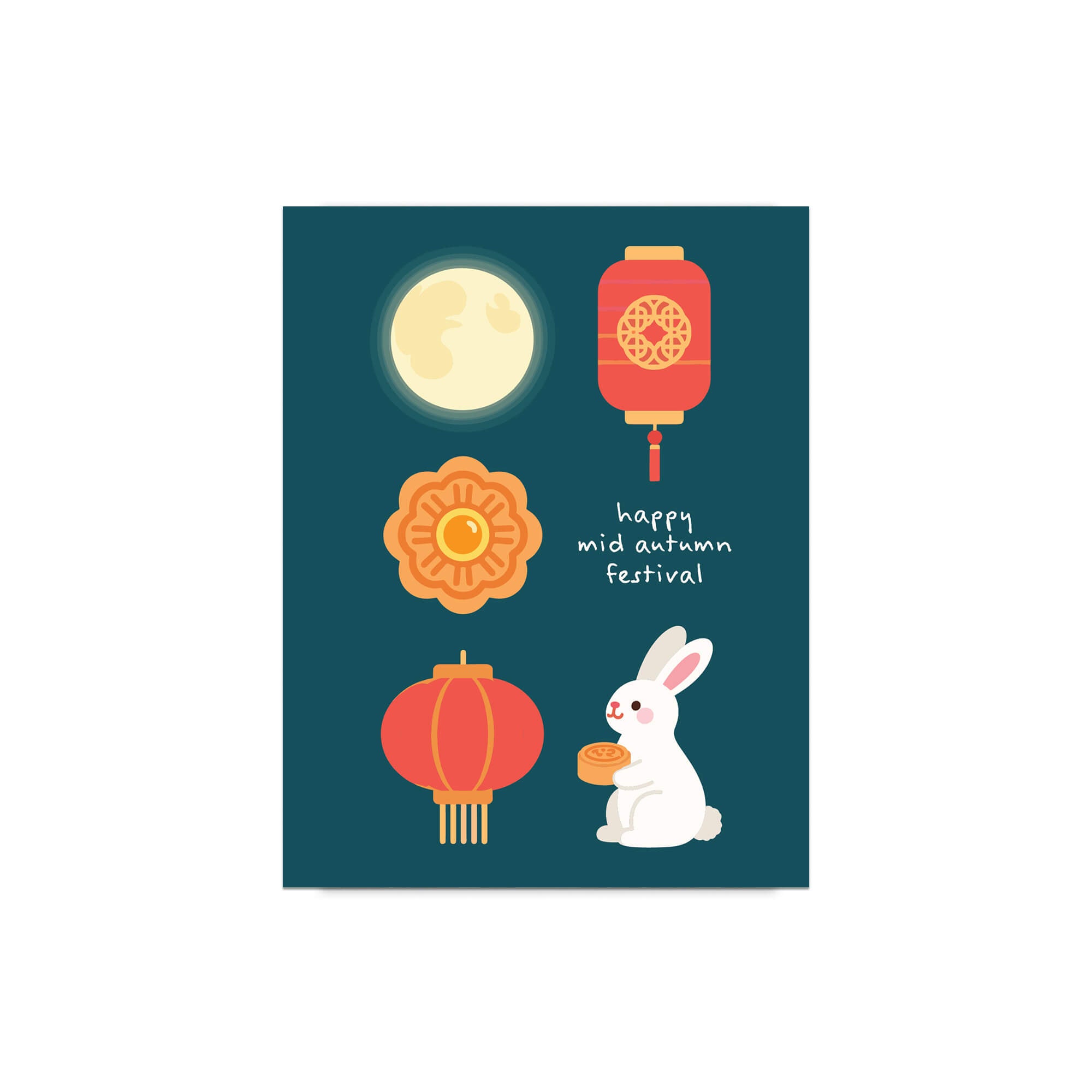 mid autumn festival Greeting card with illustrations of a moon, lanterns, a rabbit, and a mooncake on a blue background.