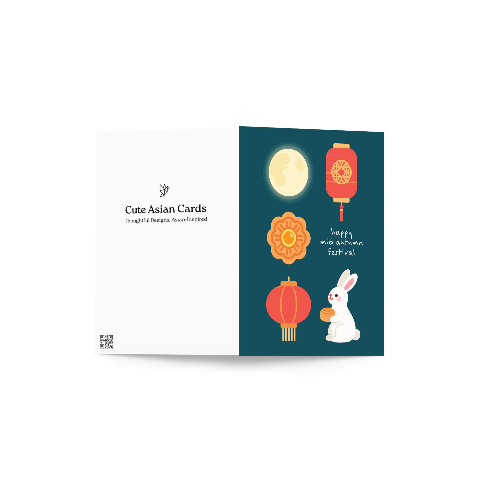 Card with illustrations of a rabbit, lanterns, and a moon on a teal background with 'Cute Asian Cards' branding.