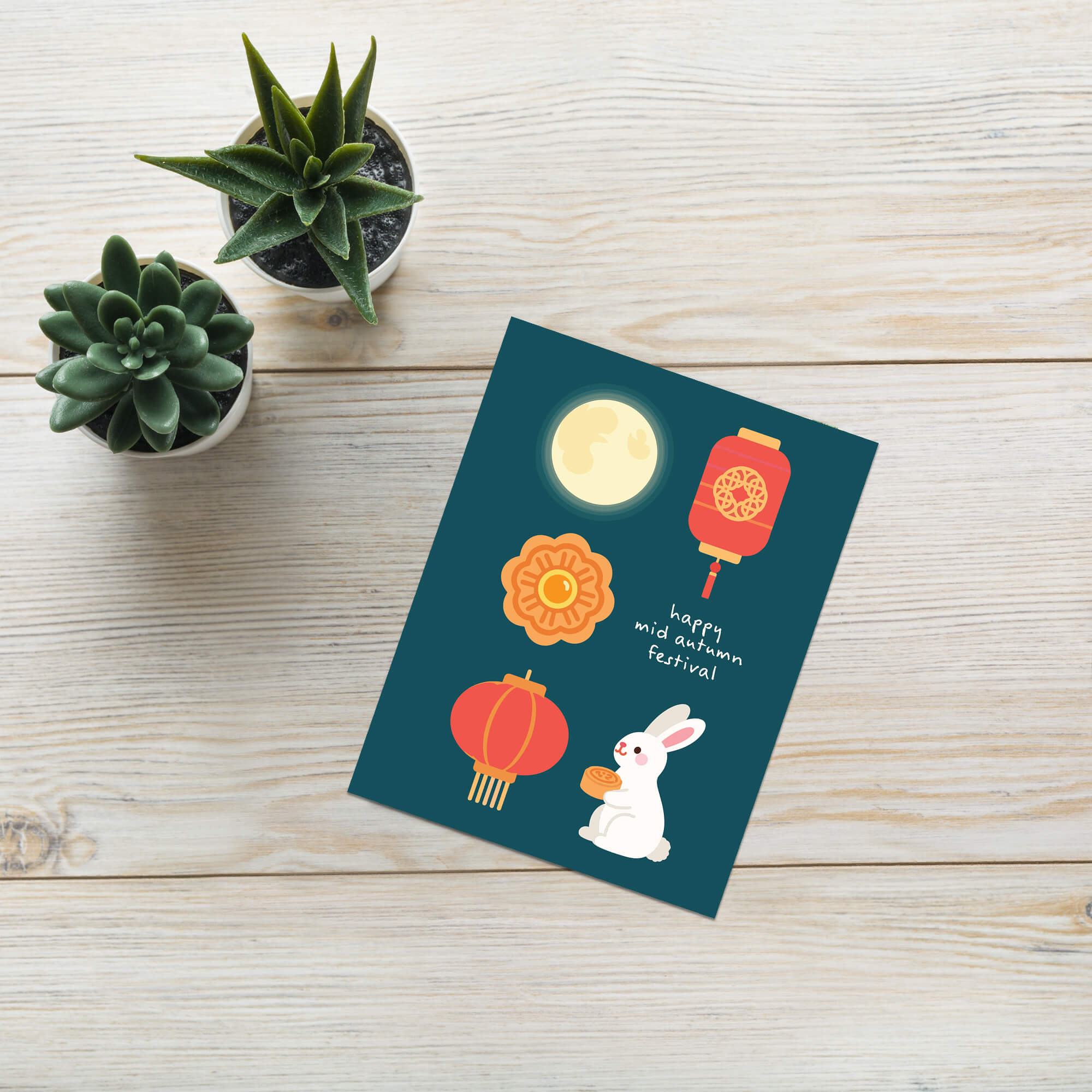 mid autumn festival Greeting card with illustrations of a moon, lanterns, a rabbit, and a mooncake on a blue background.