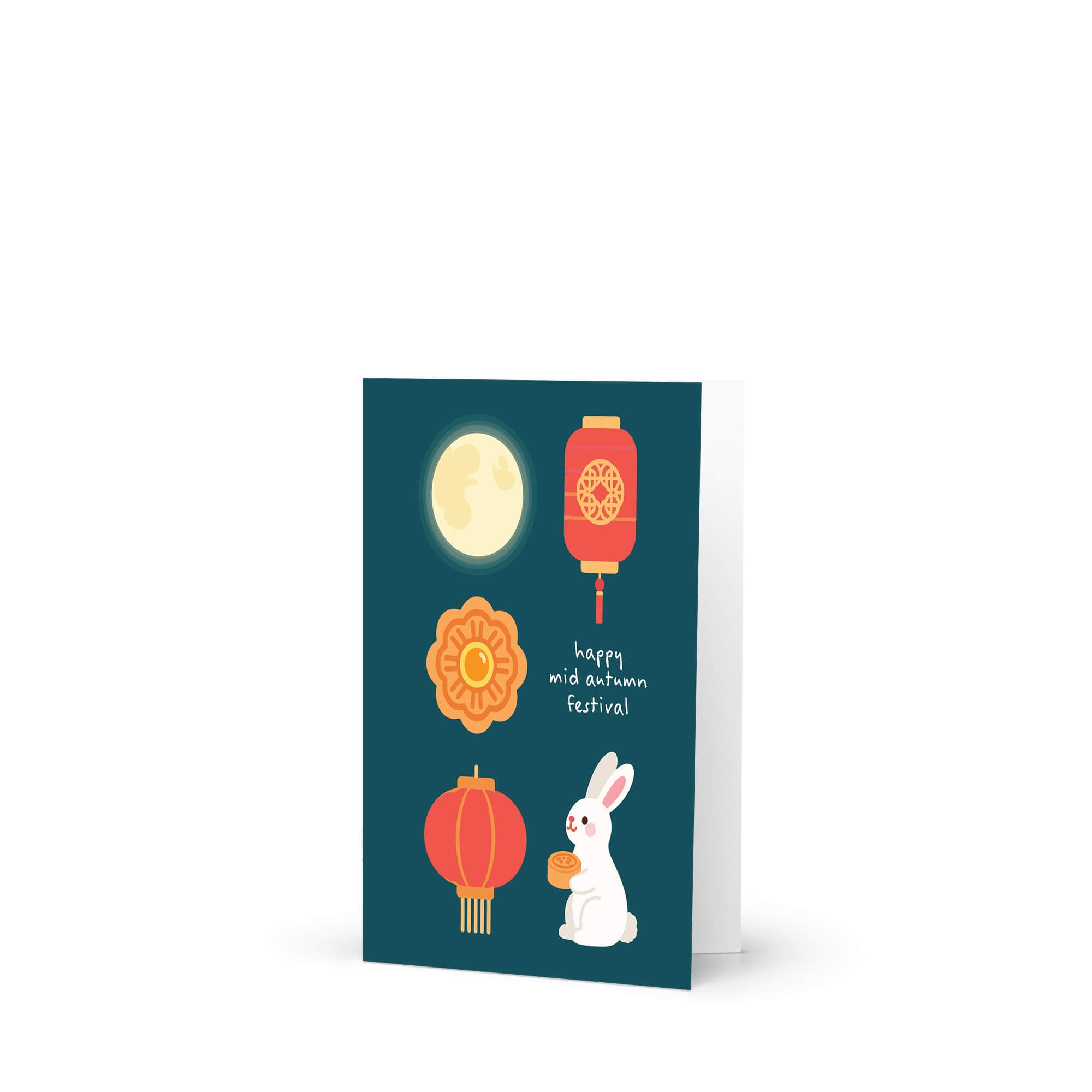 mid autumn festival Greeting card with illustrations of a moon, lanterns, a rabbit, and a mooncake on a blue background.