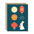 mid autumn festival Greeting card with illustrations of a moon, lanterns, a rabbit, and a mooncake on a blue background.