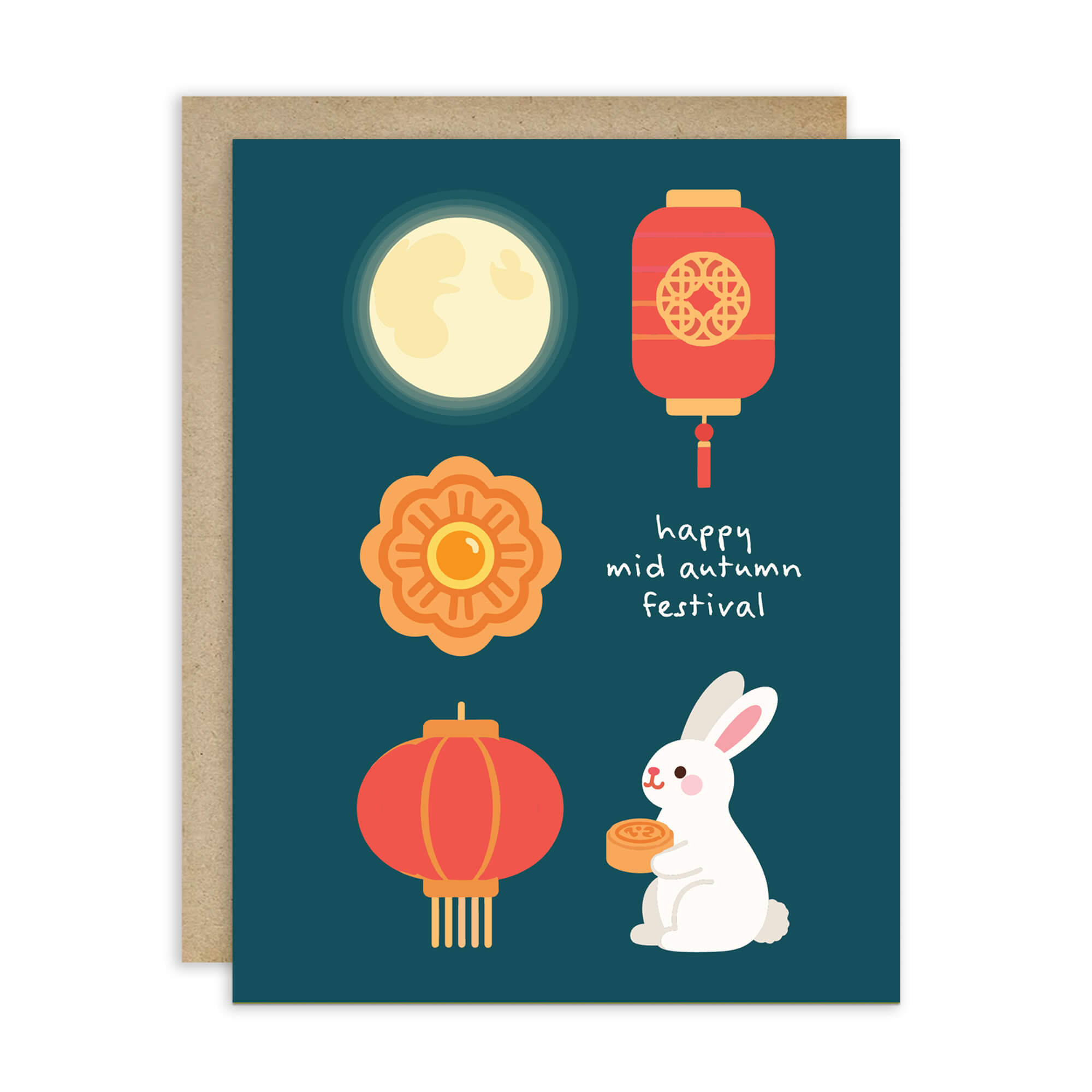 mid autumn festival Greeting card with illustrations of a moon, lanterns, a rabbit, and a mooncake on a blue background.