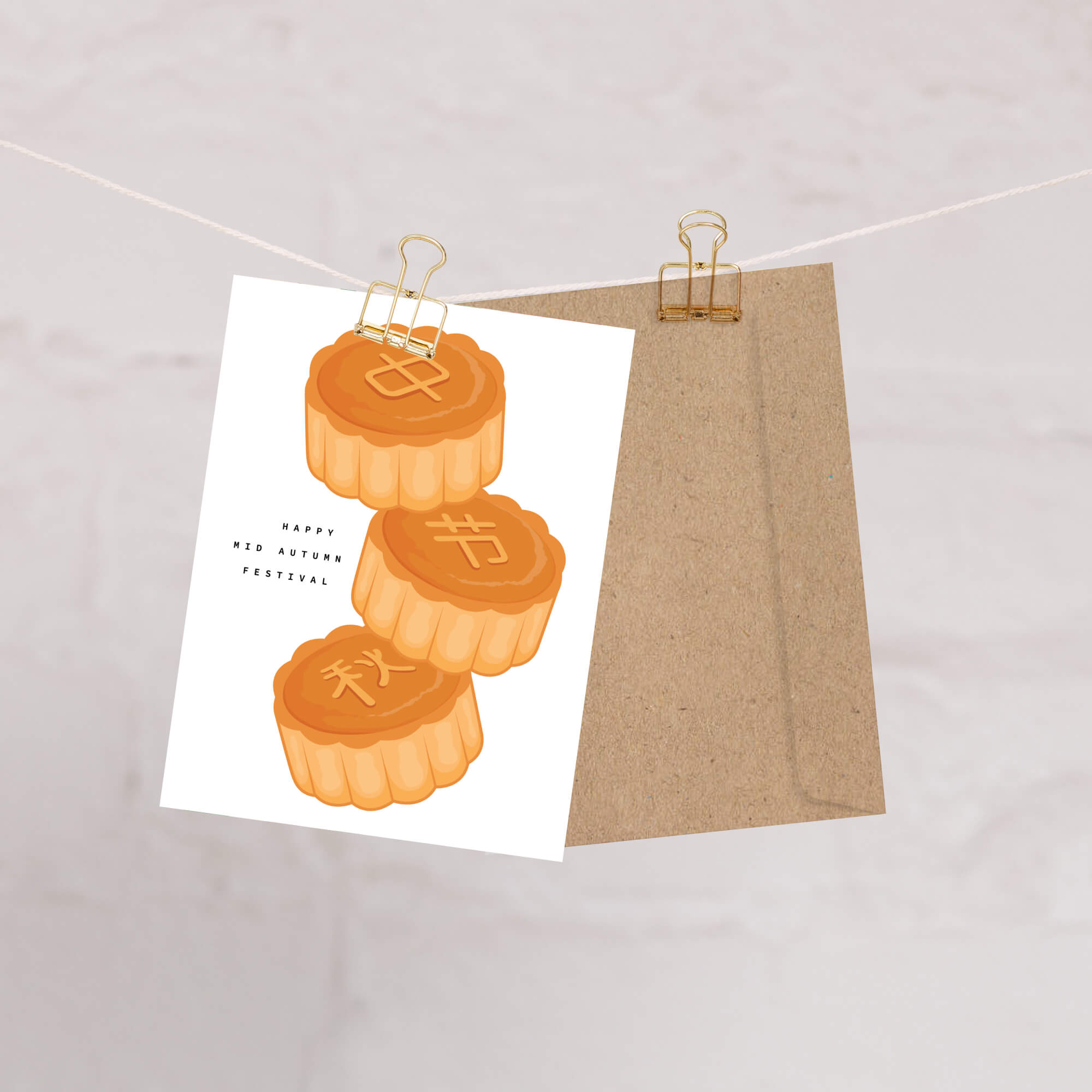 chinese asian Greeting card with mooncakes and 'Happy Mid Autumn Festival' text on a white background