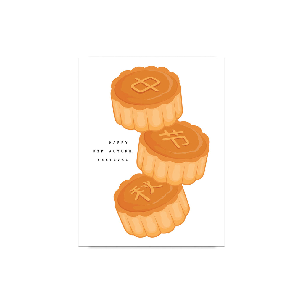 Three mooncakes with Chinese characters and 'Happy Mid-Autumn Festival' text on a white background