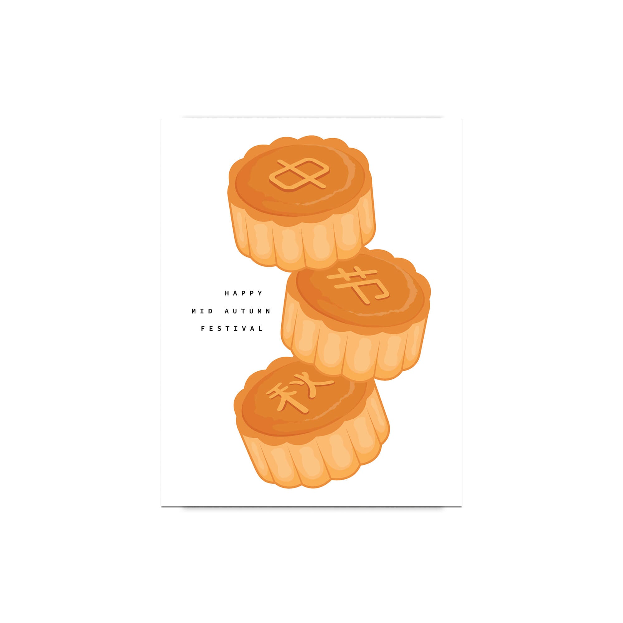 Three mooncakes with Chinese characters and 'Happy Mid-Autumn Festival' text on a white background