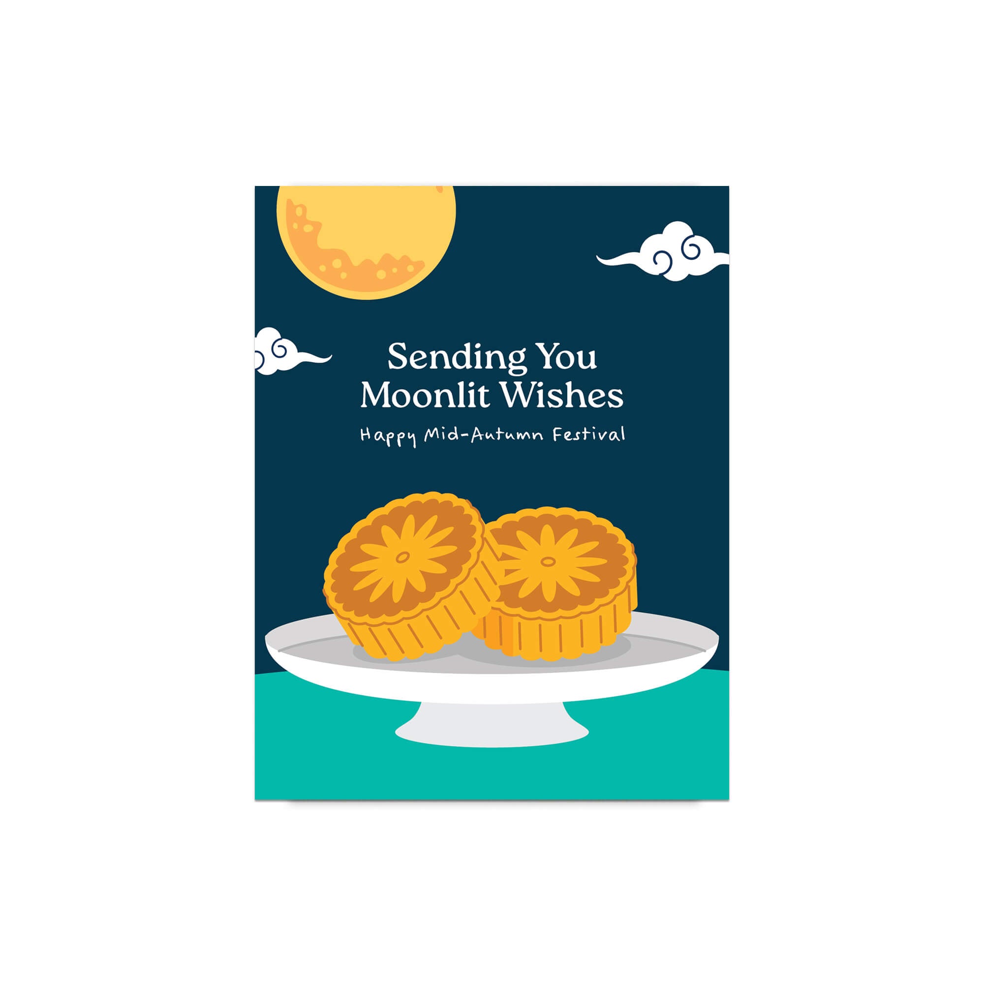 chinese mid autumn festival Greeting card with mooncakes and moonlit wishes text on a blue background