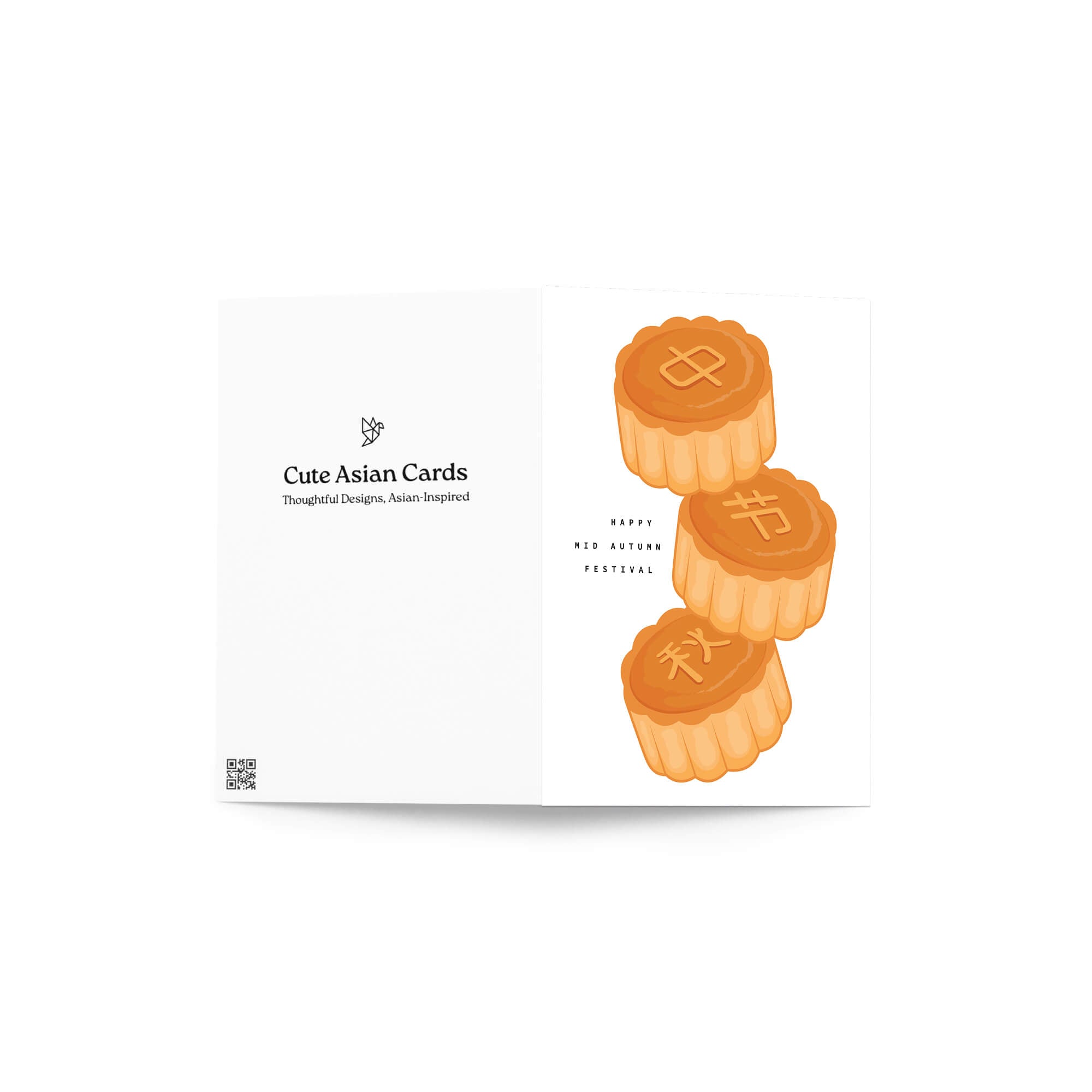 Three mooncakes with Chinese characters on a white background, featuring the brand 'Cute Asian Cards'.