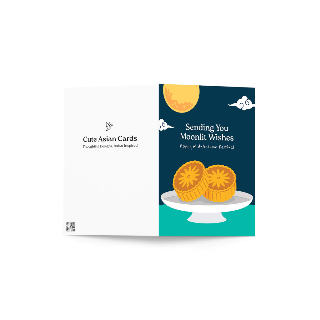 chinese mid autumn festival Greeting card with mooncakes and moonlit wishes text on a blue background