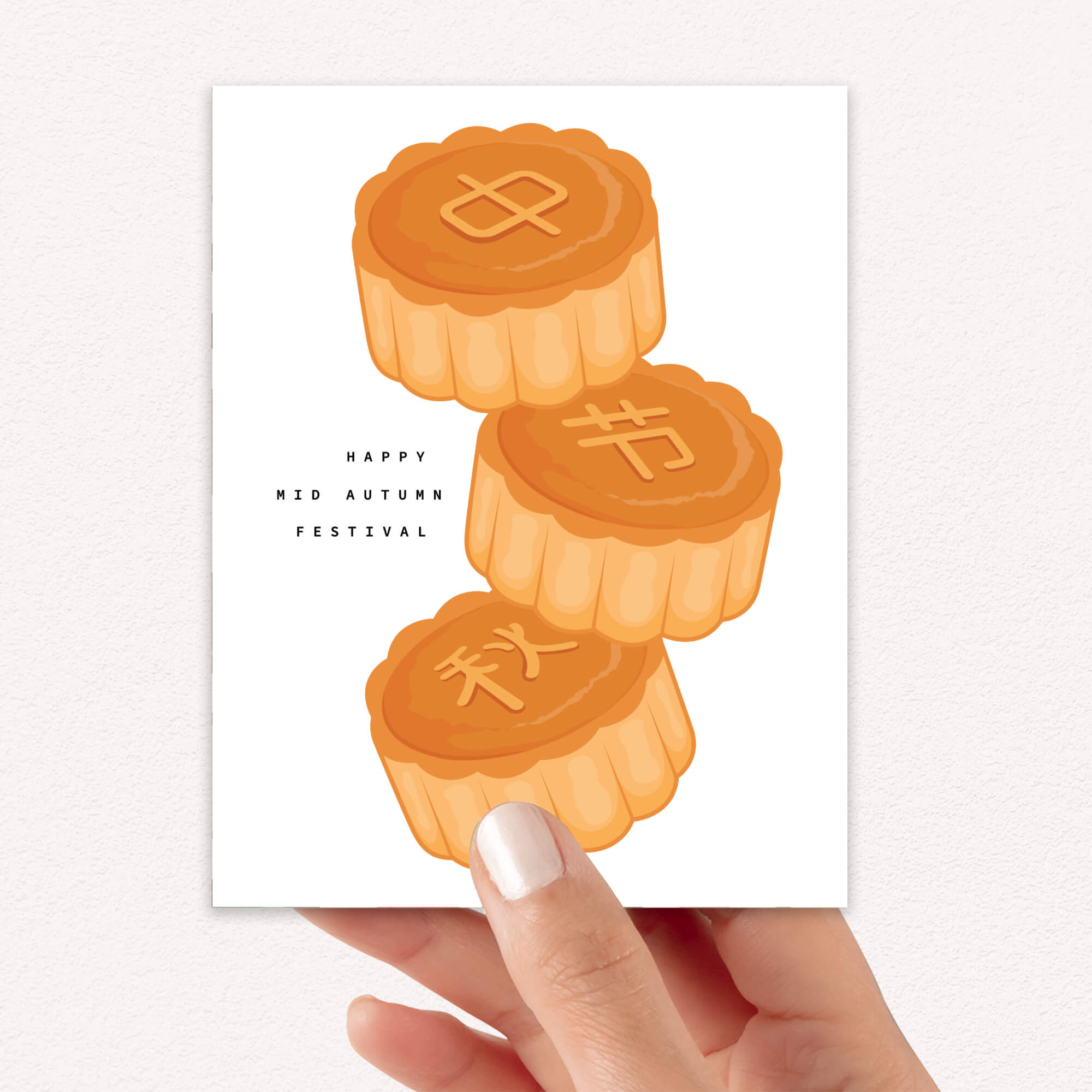 Three mooncakes with Chinese characters and 'Happy Mid Autumn Festival' text on a white background.