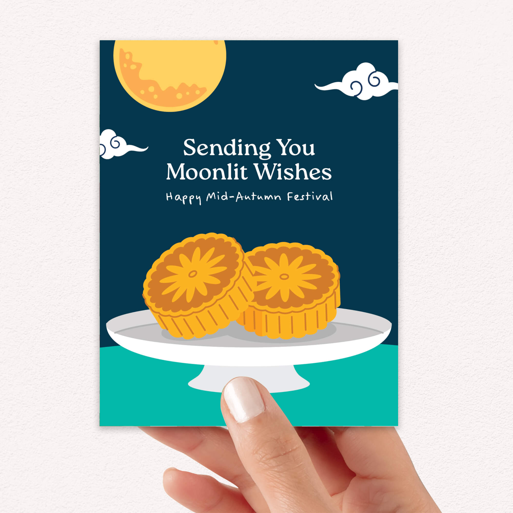 chinese mid autumn festival Greeting card with mooncakes and moonlit wishes text on a blue background