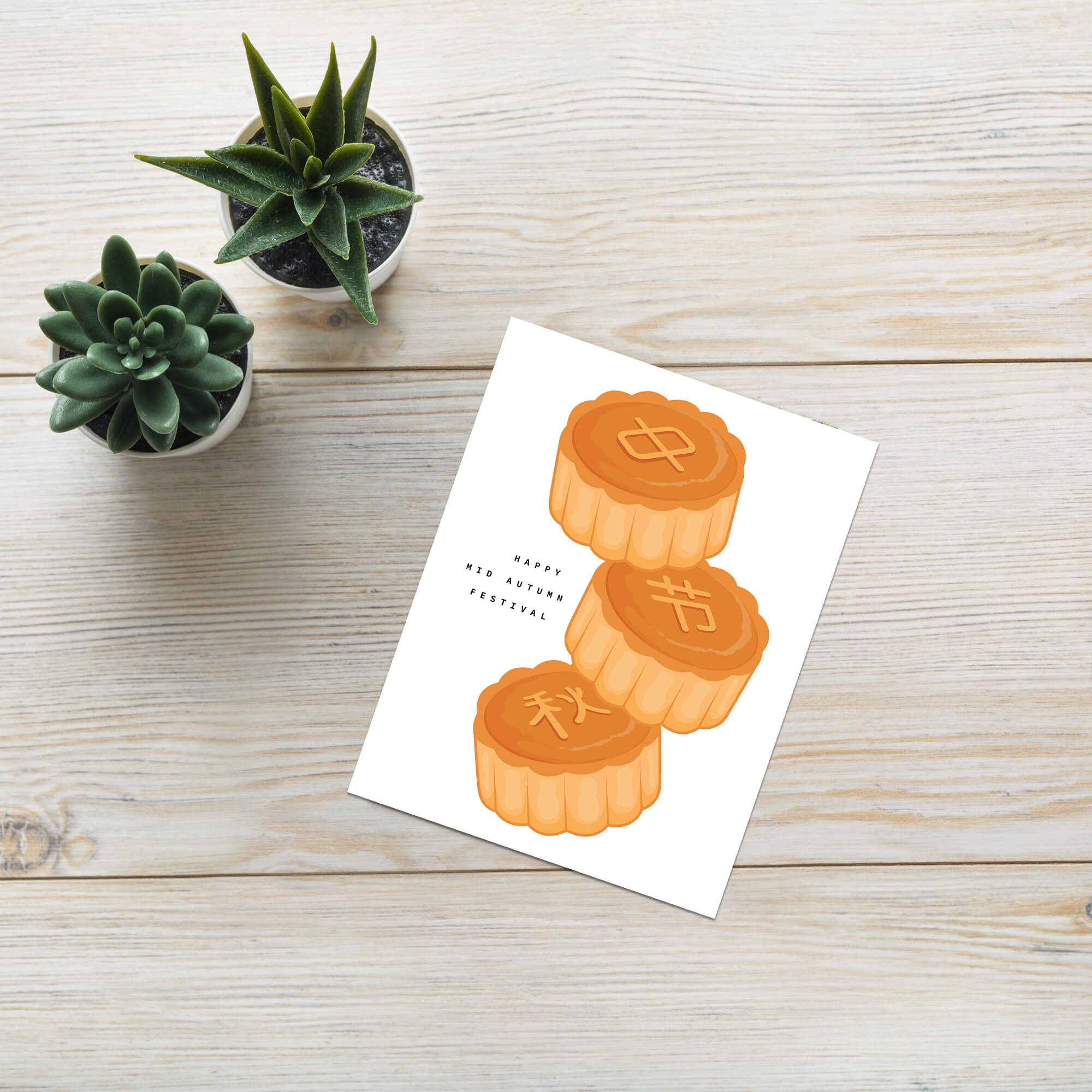 chinese asian Greeting card with mooncakes and 'Happy Mid Autumn Festival' text on a white background