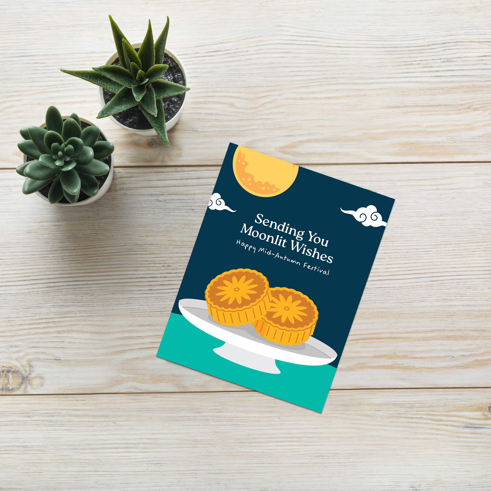 chinese mid autumn festival Greeting card with mooncakes and moonlit wishes text on a blue background