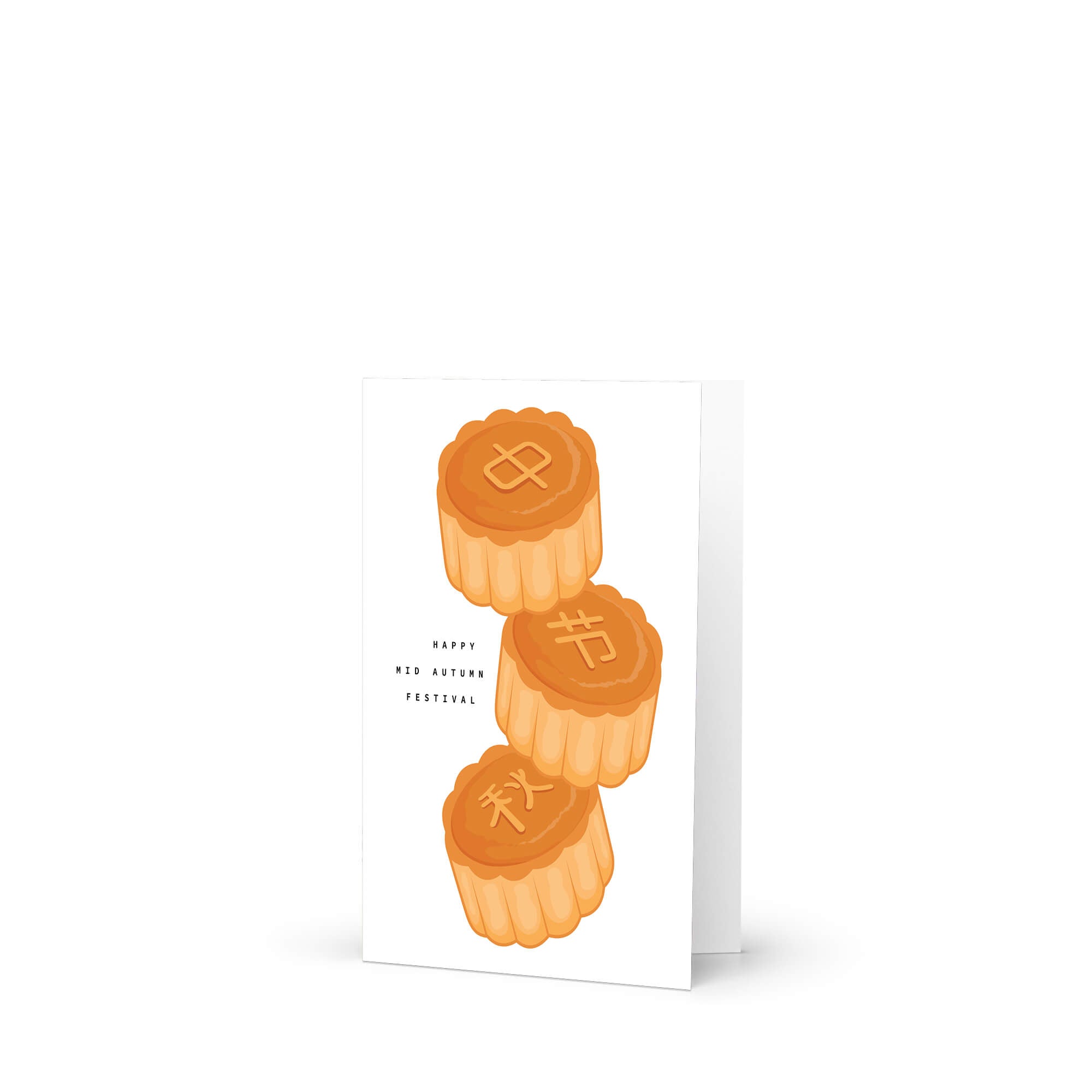 Greeting card with three mooncakes and Chinese text on a white background
