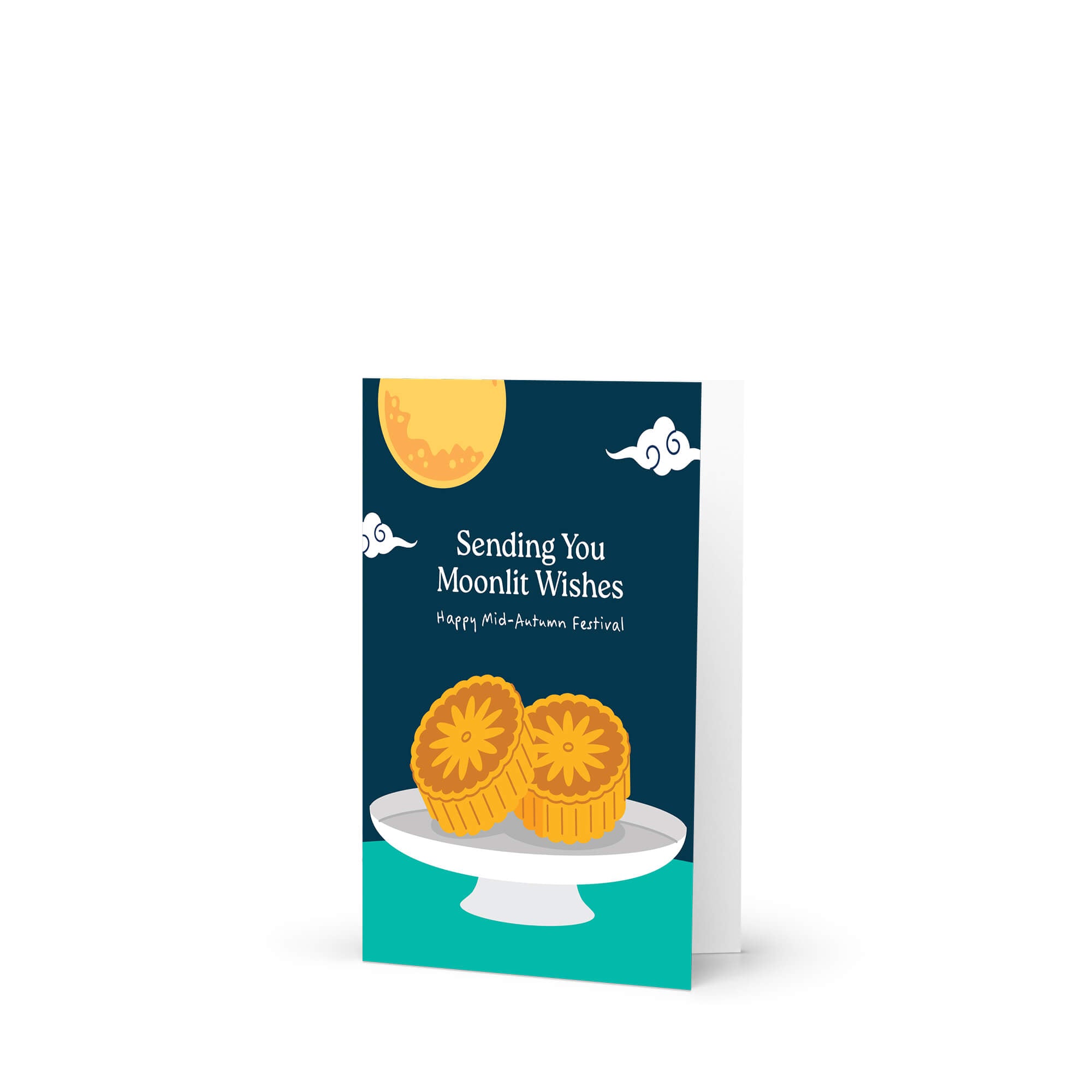 chinese mid autumn festival Greeting card with mooncakes and moonlit wishes text on a blue background
