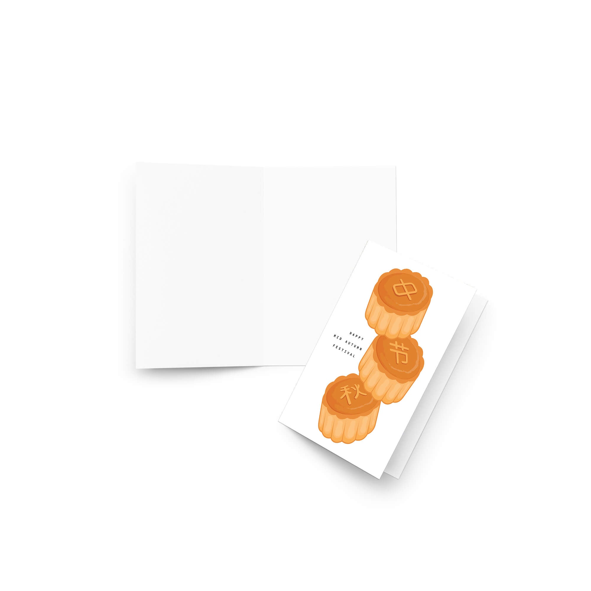 chinese asian Greeting card with mooncakes and 'Happy Mid Autumn Festival' text on a white background