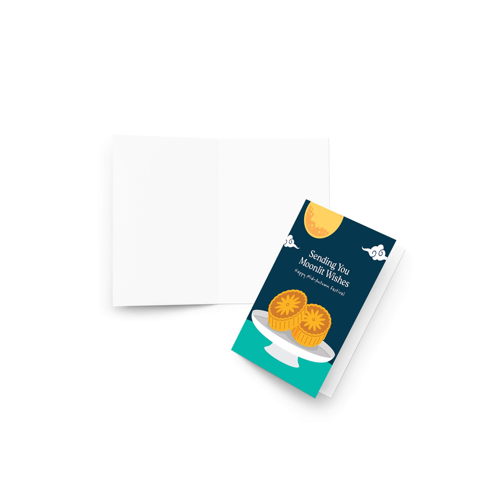 chinese mid autumn festival Greeting card with mooncakes and moonlit wishes text on a blue background