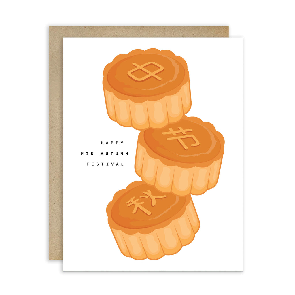 chinese asian Greeting card with mooncakes and 'Happy Mid Autumn Festival' text on a white background