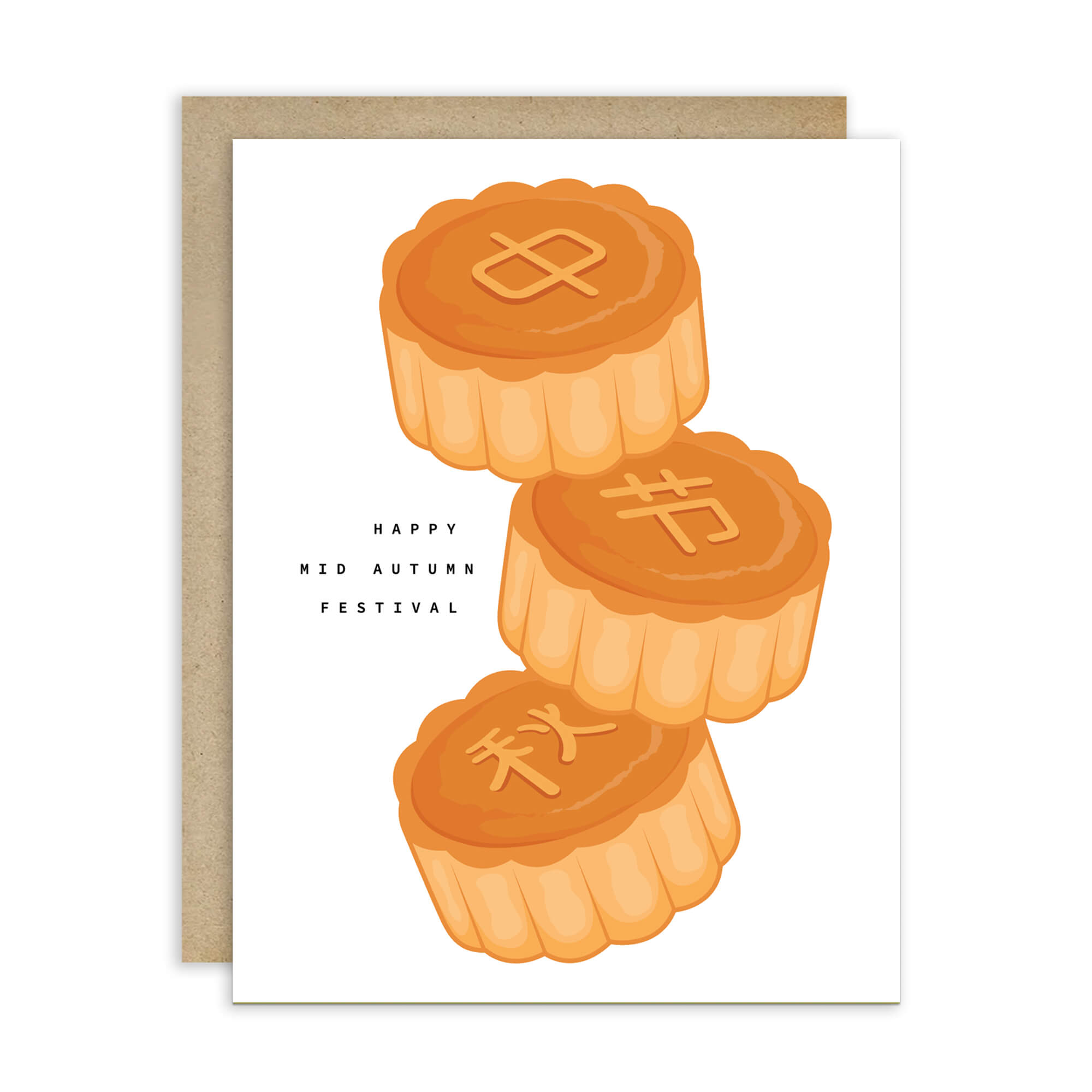 chinese asian Greeting card with mooncakes and 'Happy Mid Autumn Festival' text on a white background