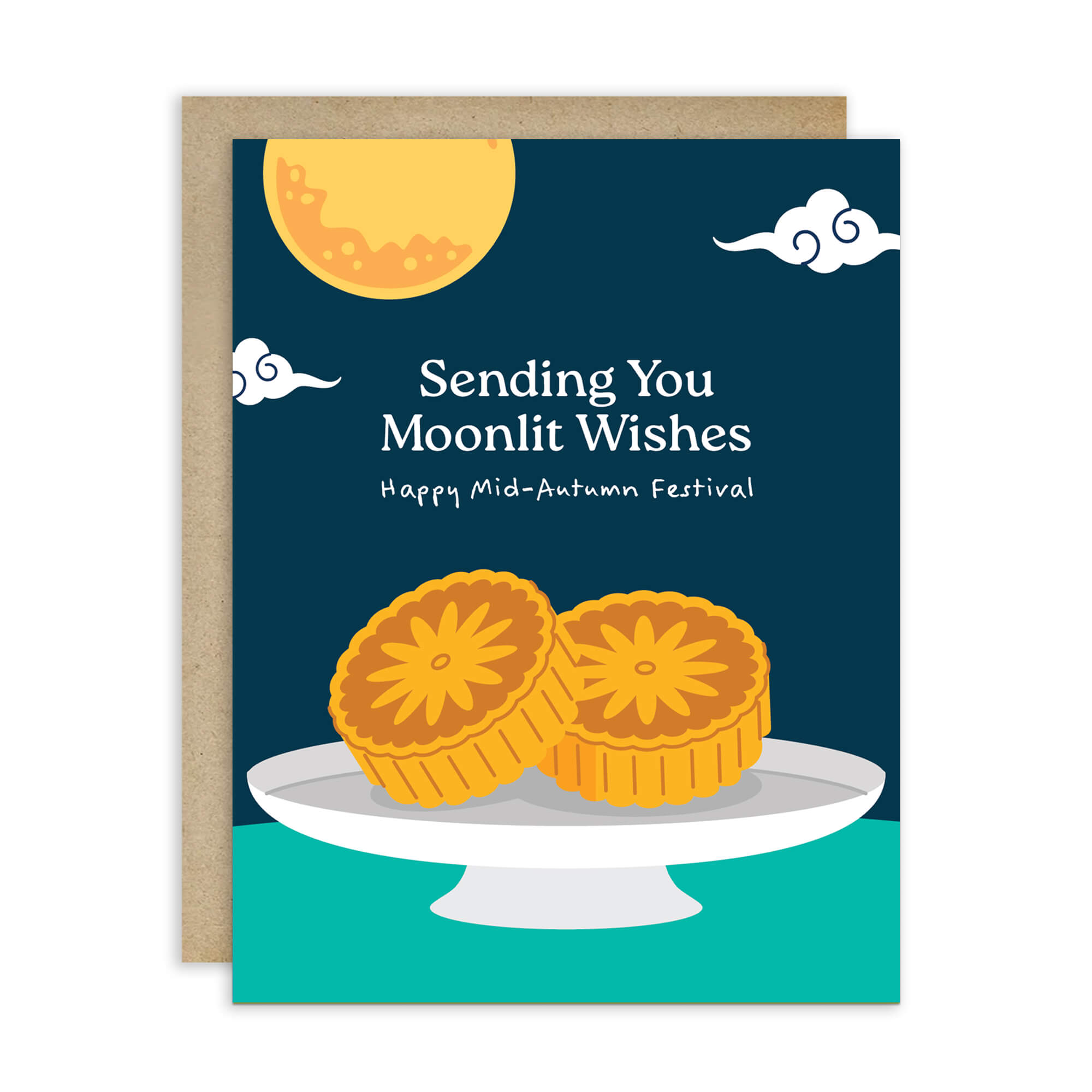 chinese mid autumn festival Greeting card with mooncakes and moonlit wishes text on a blue background