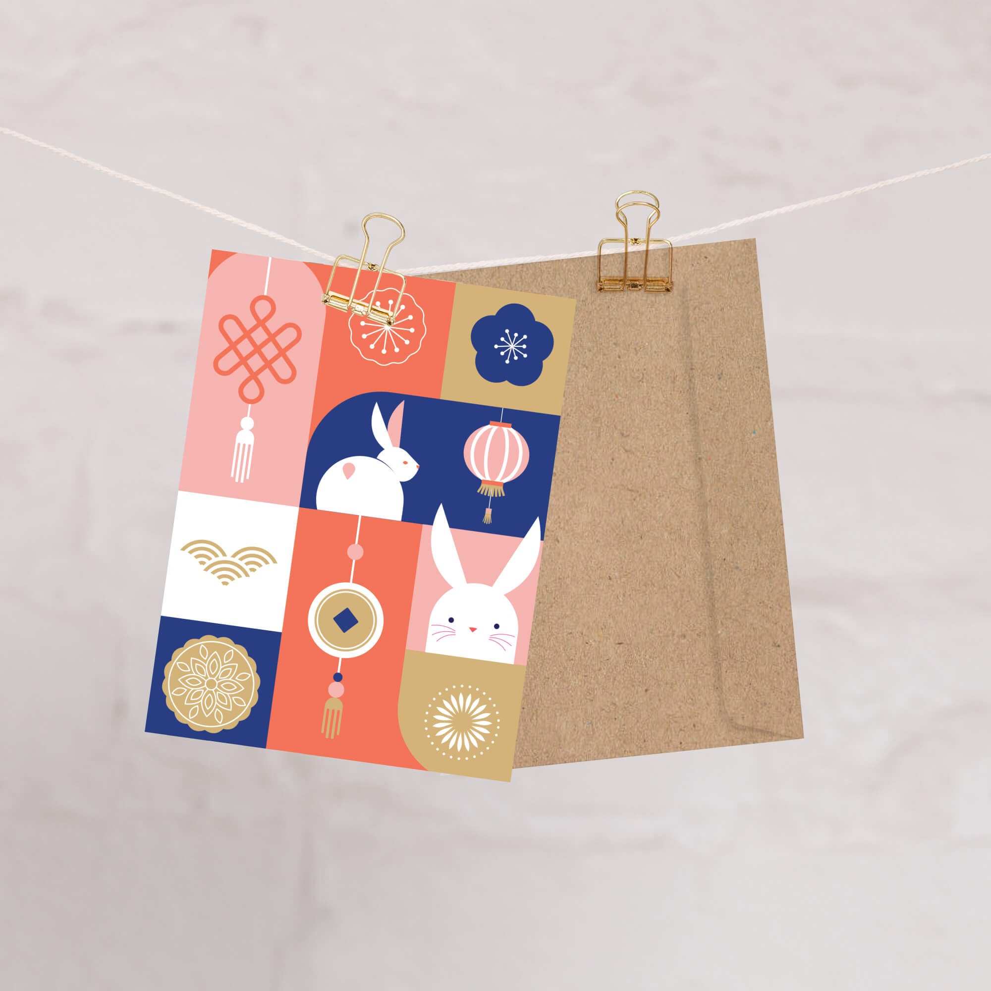 mid autumn festival Greeting card with rabbits, lanterns, and traditional chinese japanese korean symbols on a colorful red, blue, white background