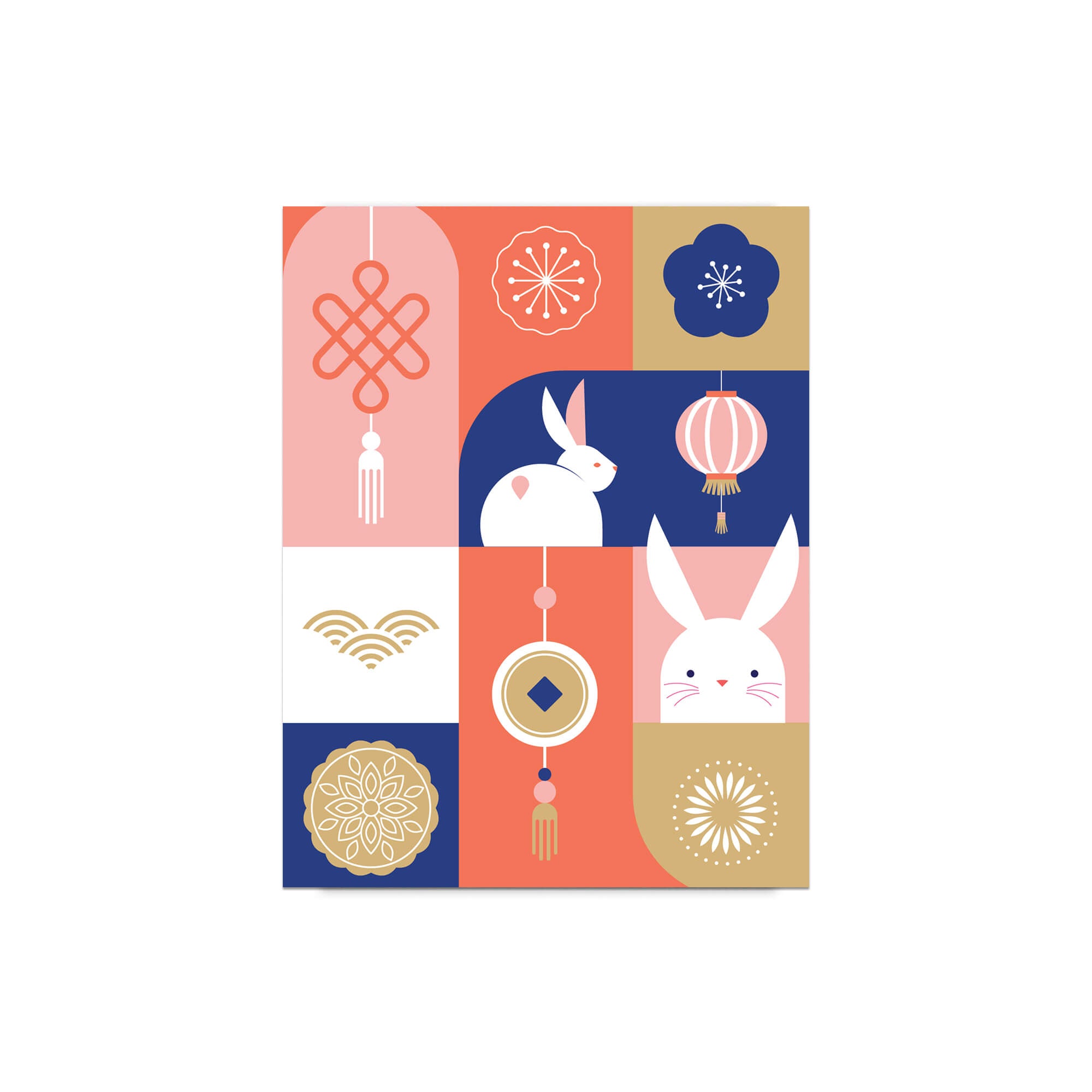 mid autumn festival Greeting card with rabbits, lanterns, and traditional chinese japanese korean symbols on a colorful red, blue, white background