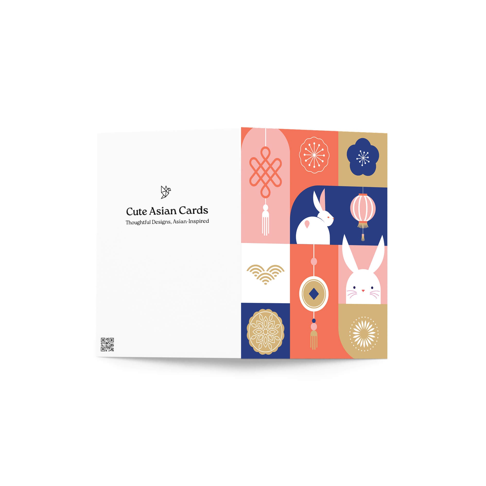 mid autumn festival Greeting card with rabbits, lanterns, and traditional chinese japanese korean symbols on a colorful red, blue, white background
