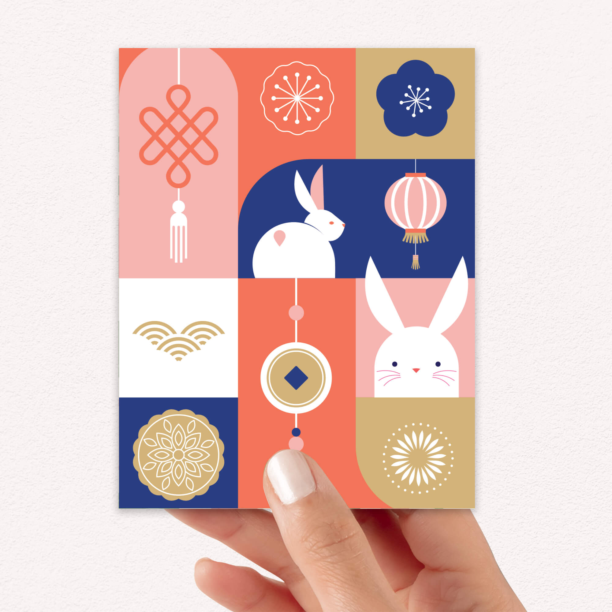 mid autumn festival Greeting card with rabbits, lanterns, and traditional chinese japanese korean symbols on a colorful red, blue, white background