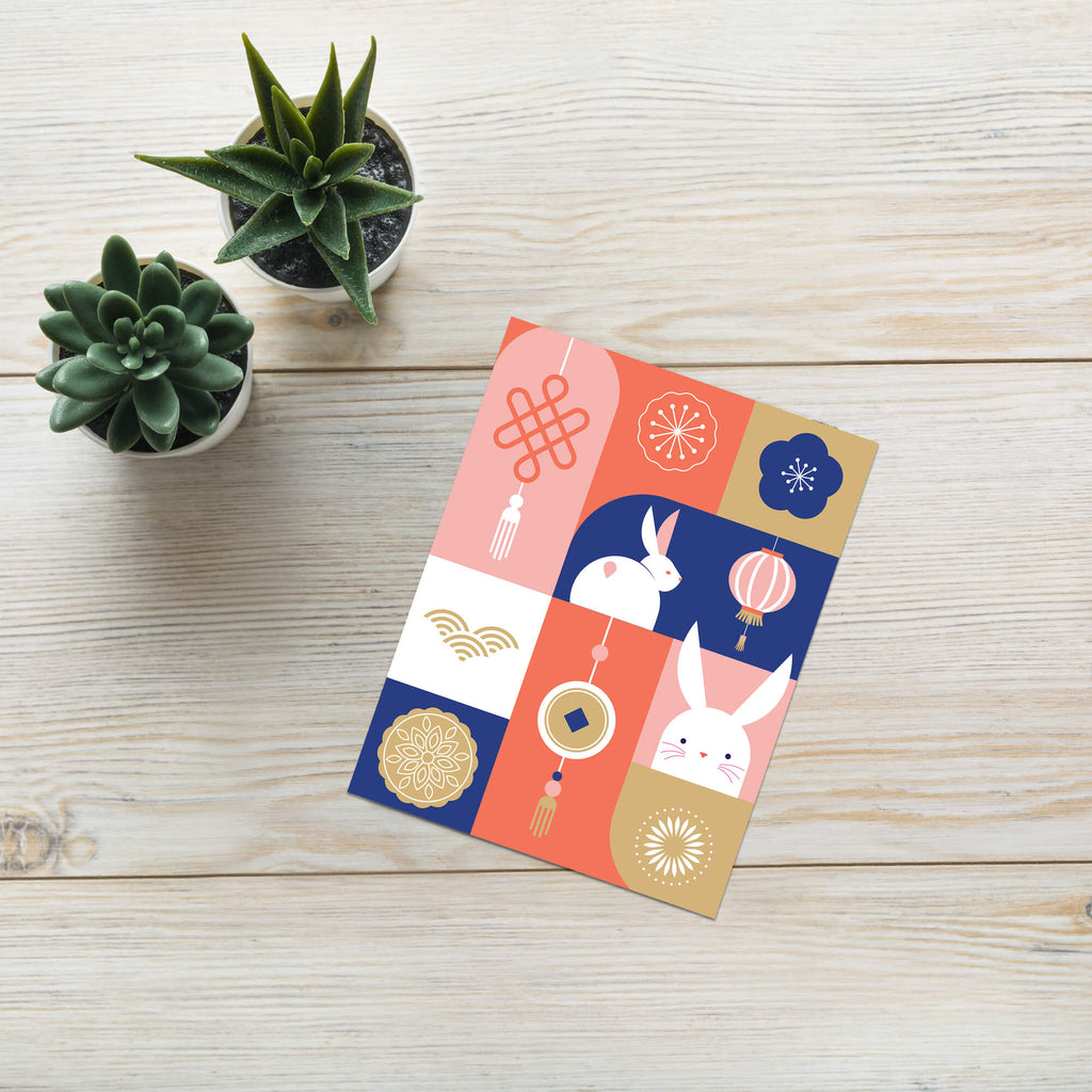 mid autumn festival Greeting card with rabbits, lanterns, and traditional chinese japanese korean symbols on a colorful red, blue, white background