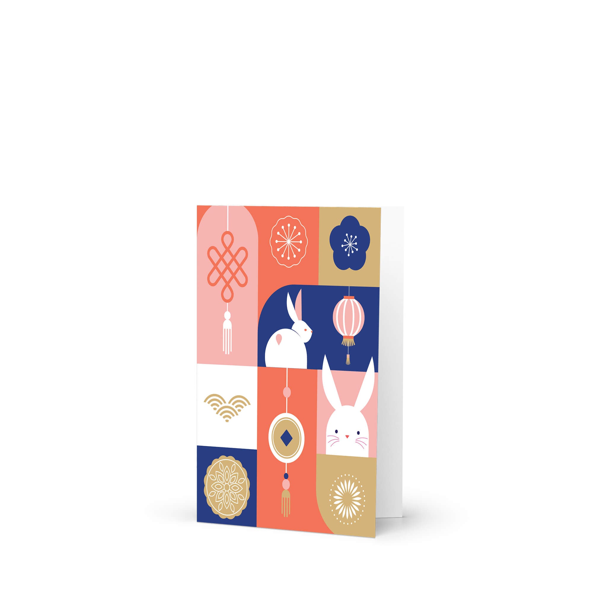 mid autumn festival Greeting card with rabbits, lanterns, and traditional chinese japanese korean symbols on a colorful red, blue, white background