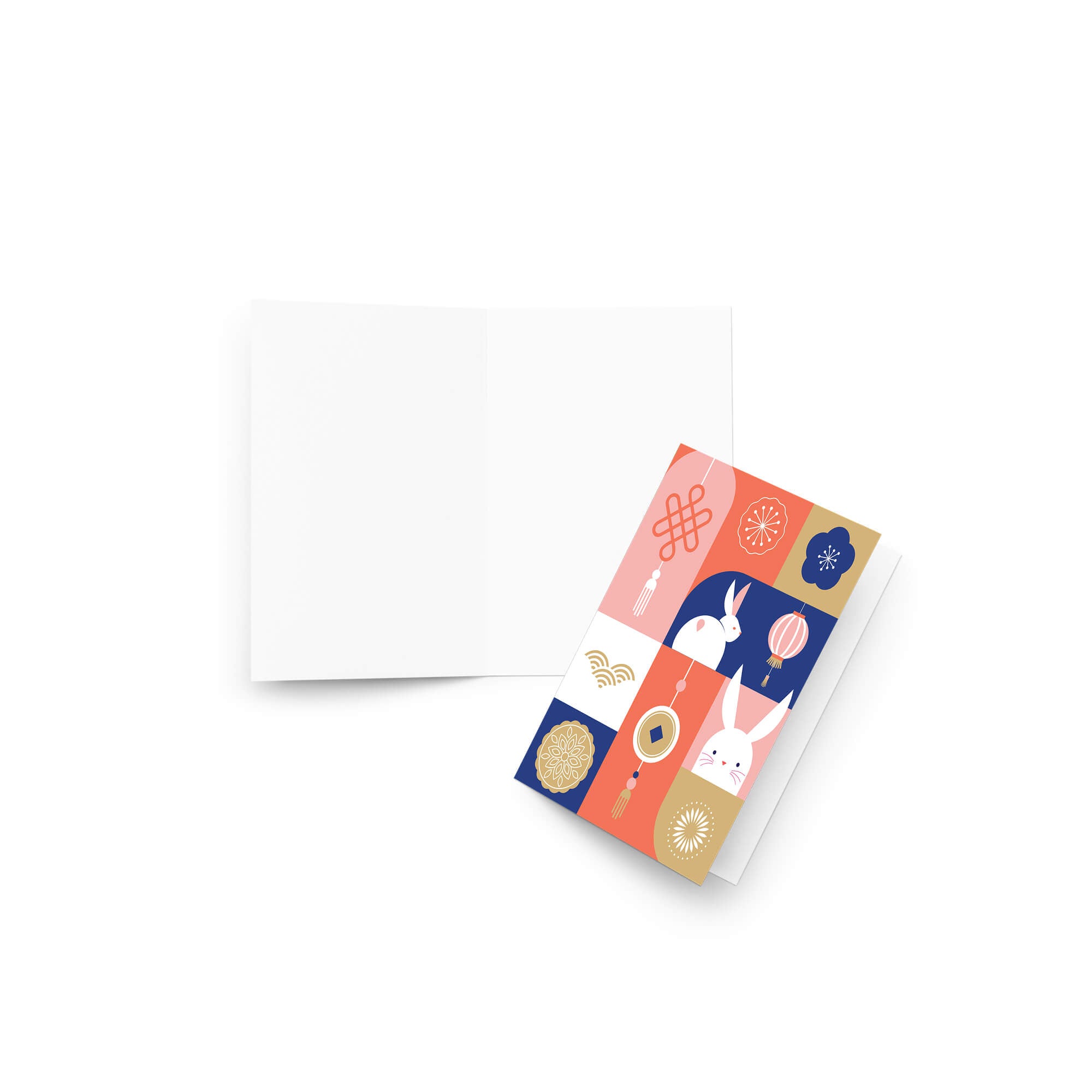 mid autumn festival Greeting card with rabbits, lanterns, and traditional chinese japanese korean symbols on a colorful red, blue, white background