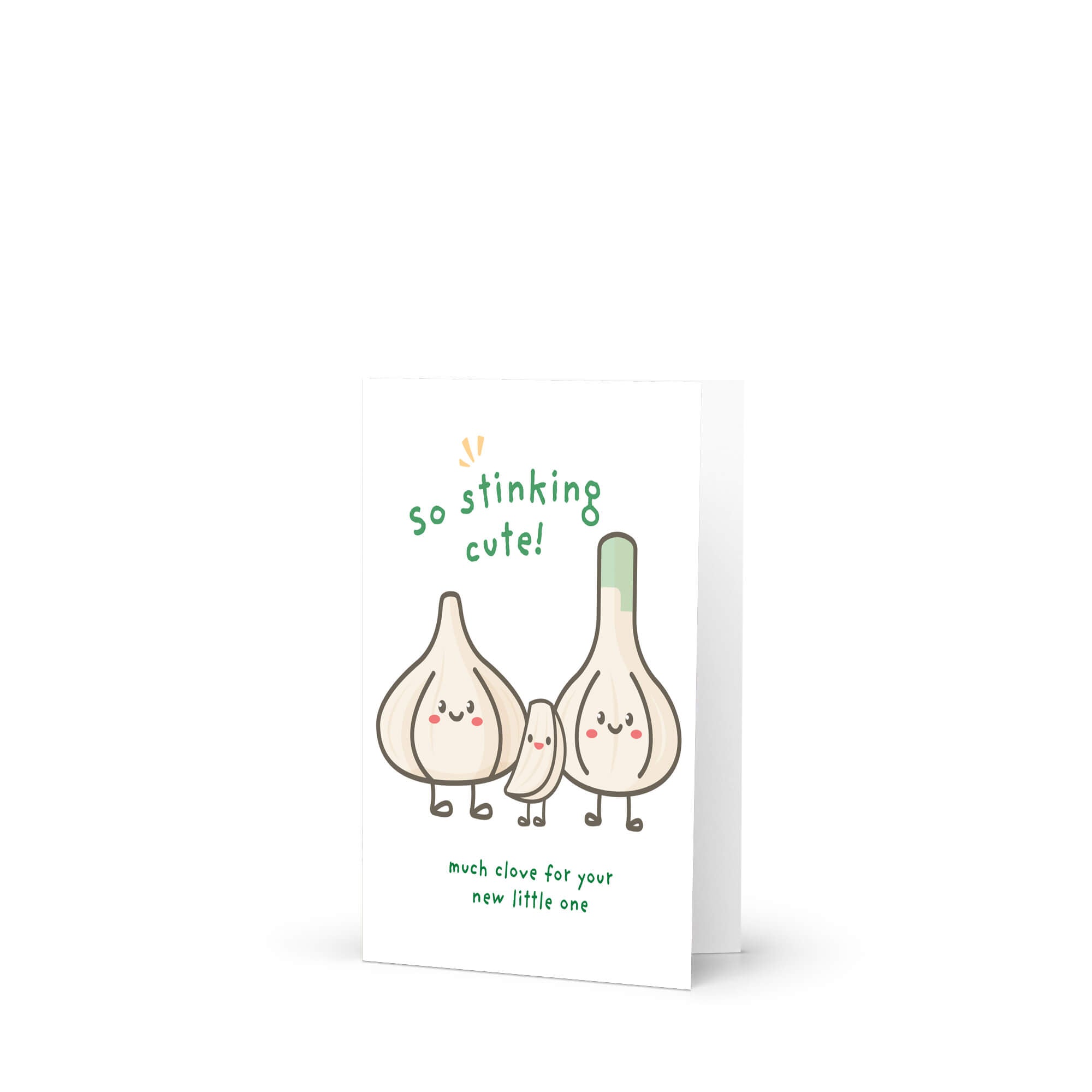 A new baby card featuring a cute illustration of three smiling garlic bulbs with the text 'so stinking cute!' and 'much love for you! new little one' on a clean white background.