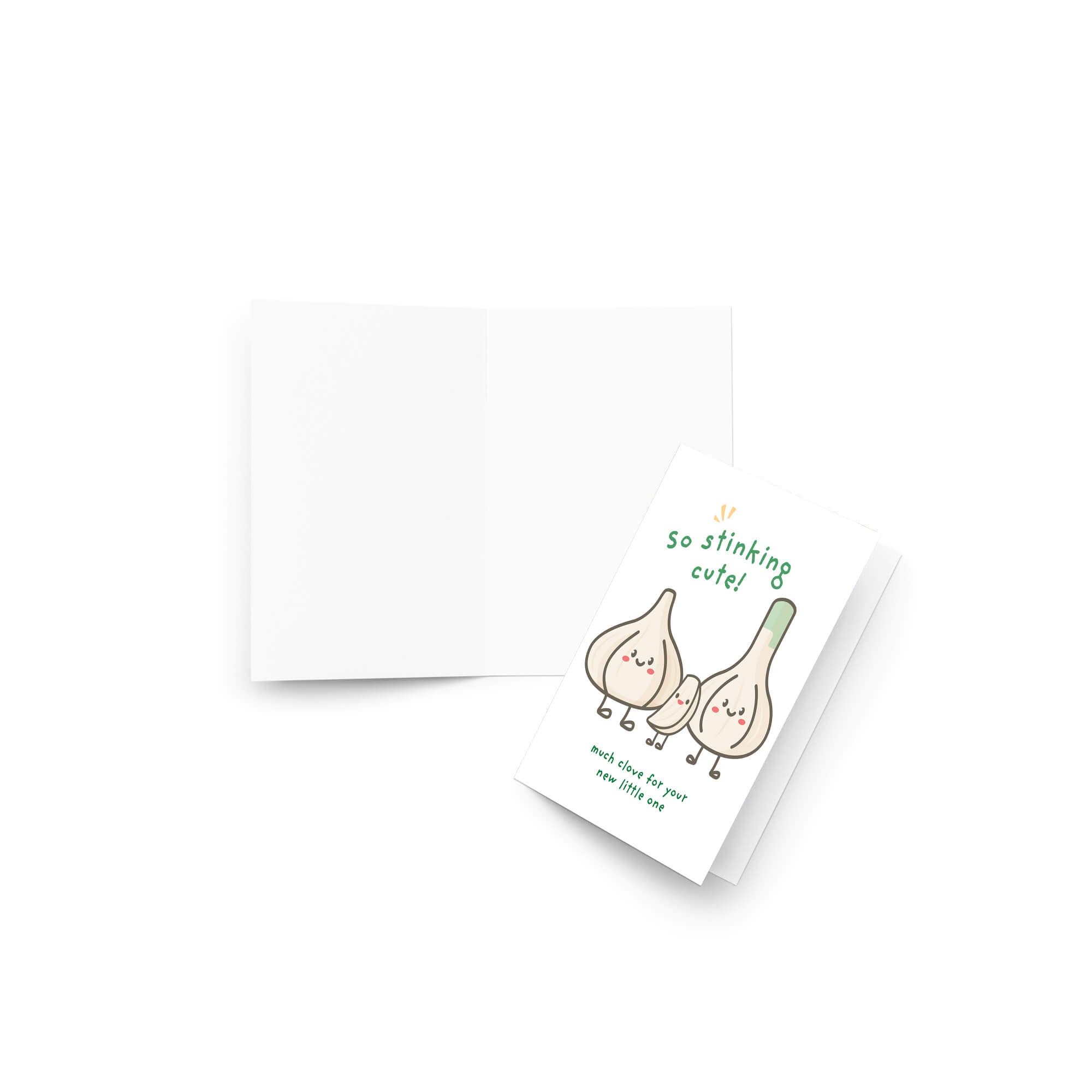 A funny baby shower card with a cute illustration of two garlic bulbs and the text 'so stinking cute!' and 'much love for you my love you not', shown with an open white envelope on a white background.