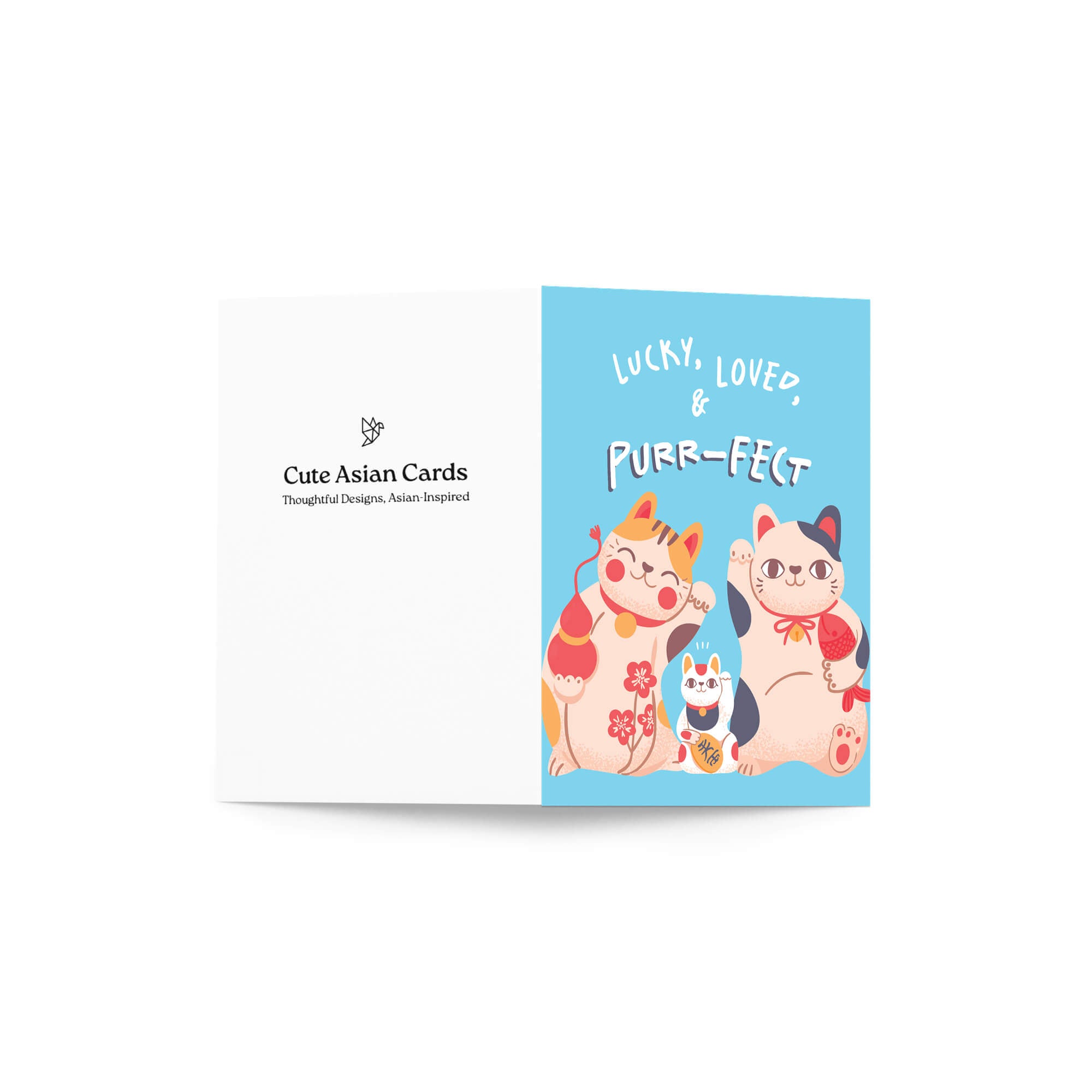 A folded new baby greeting card shown open against a white background. The left panel is white with the text 'Cute Asian Cards' and a small logo.